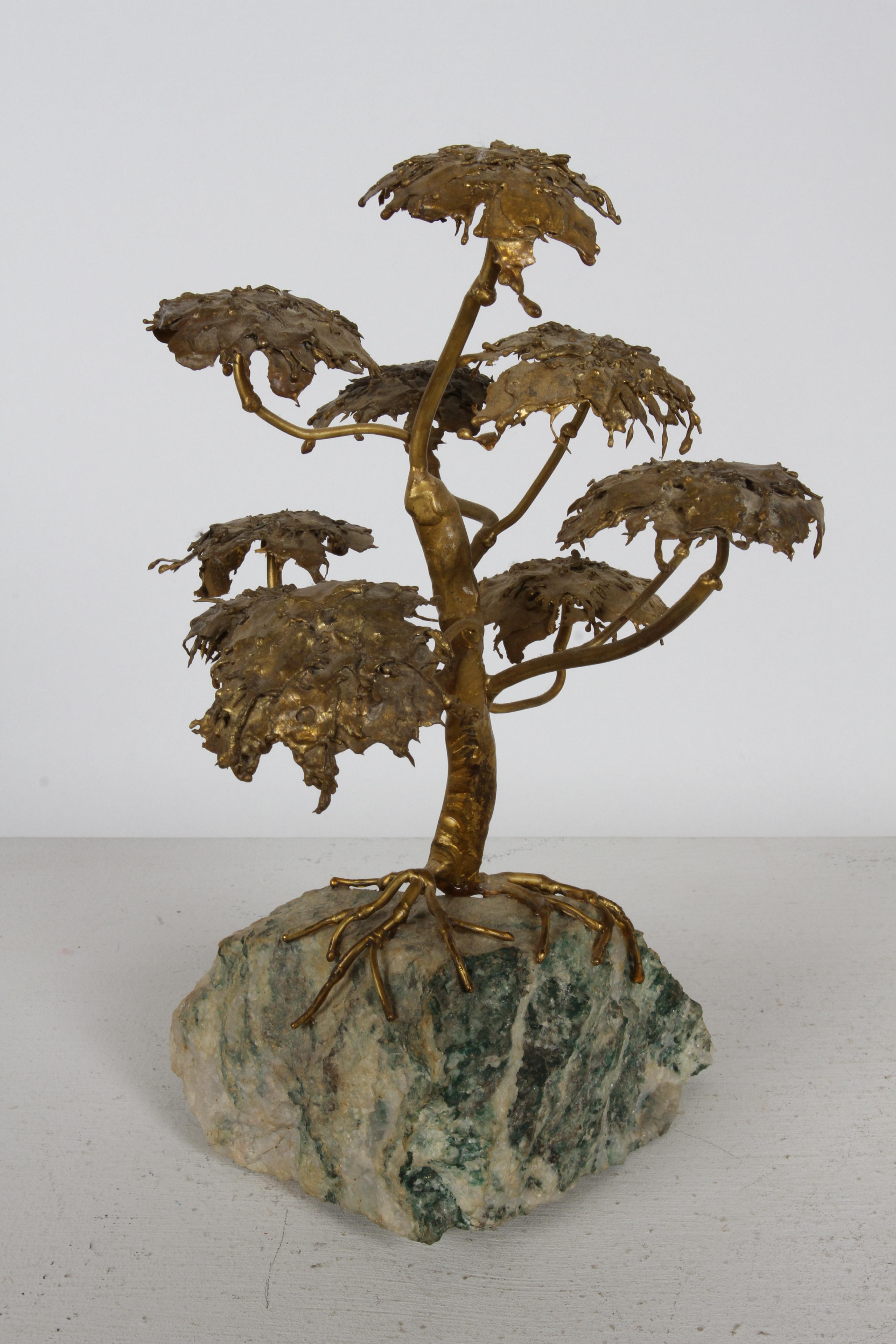 Mid-Century Artisan Brutalist Gold Metal Bonsai Tree Sculpture on Agate Base  For Sale 8