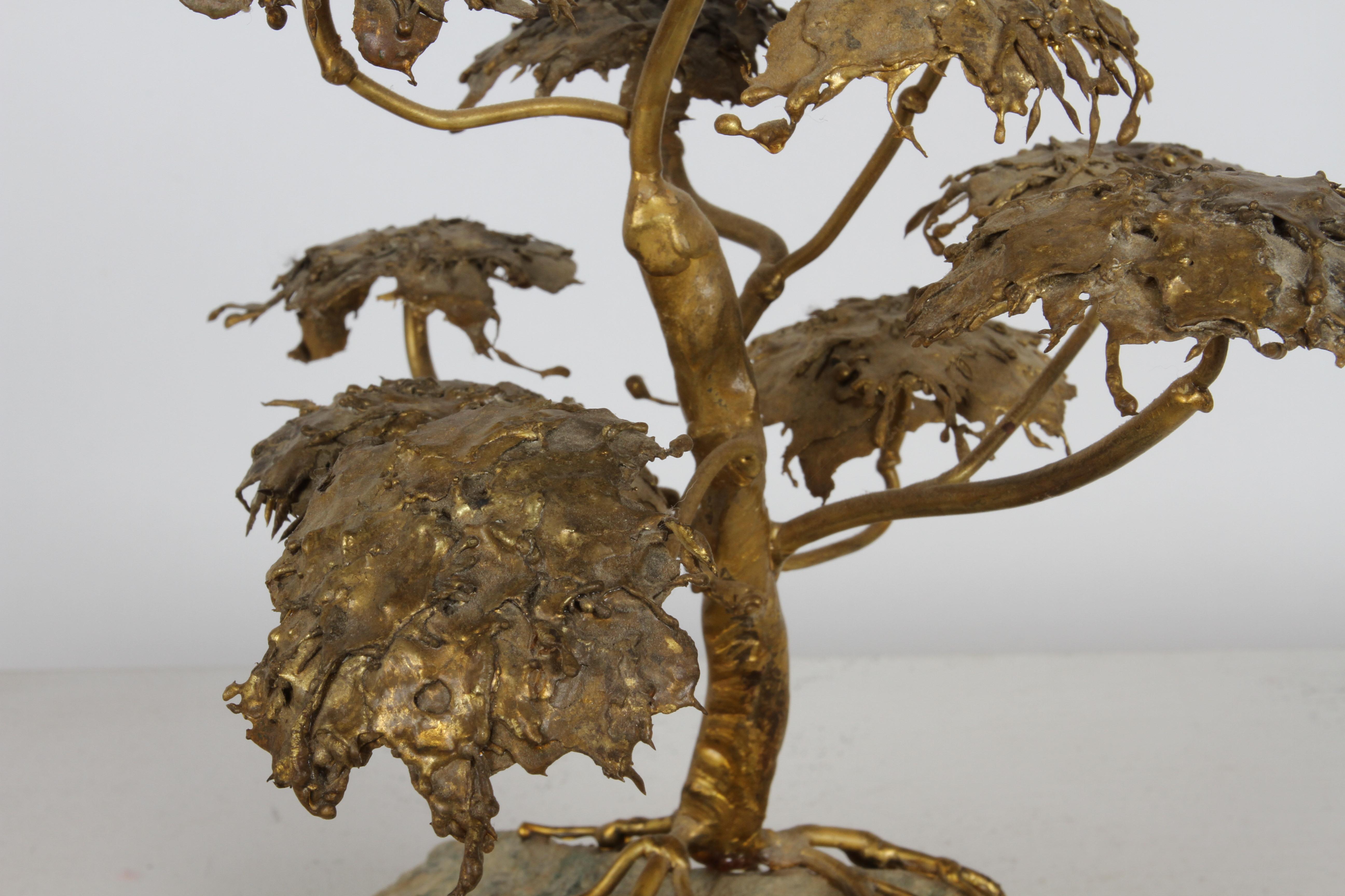Mid-Century Artisan Brutalist Gold Metal Bonsai Tree Sculpture on Agate Base  For Sale 9