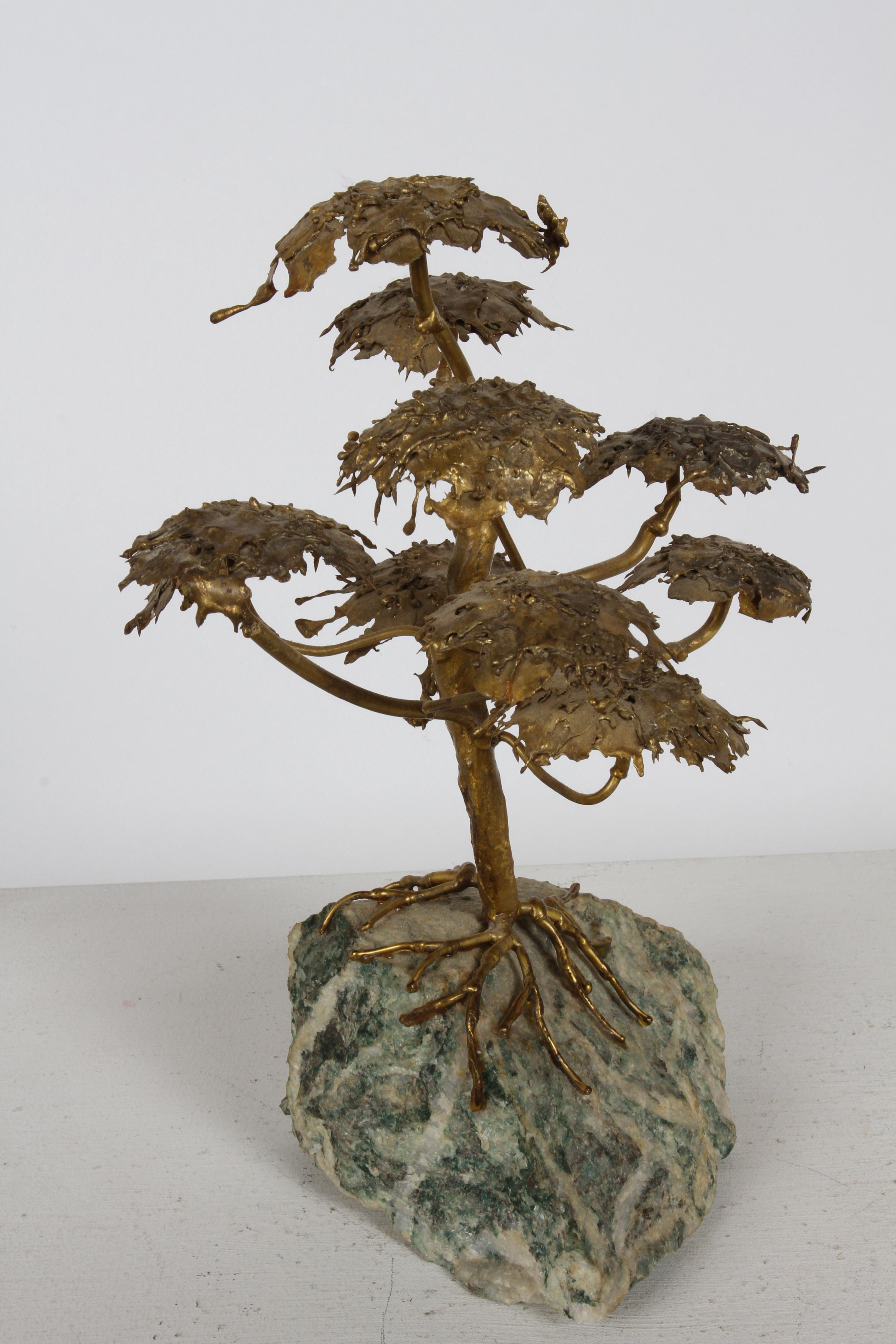 Brutalistische Bonsai-Baum-Skulptur aus Goldmetall auf Achat-Sockel aus der Jahrhundertmitte  im Angebot 9