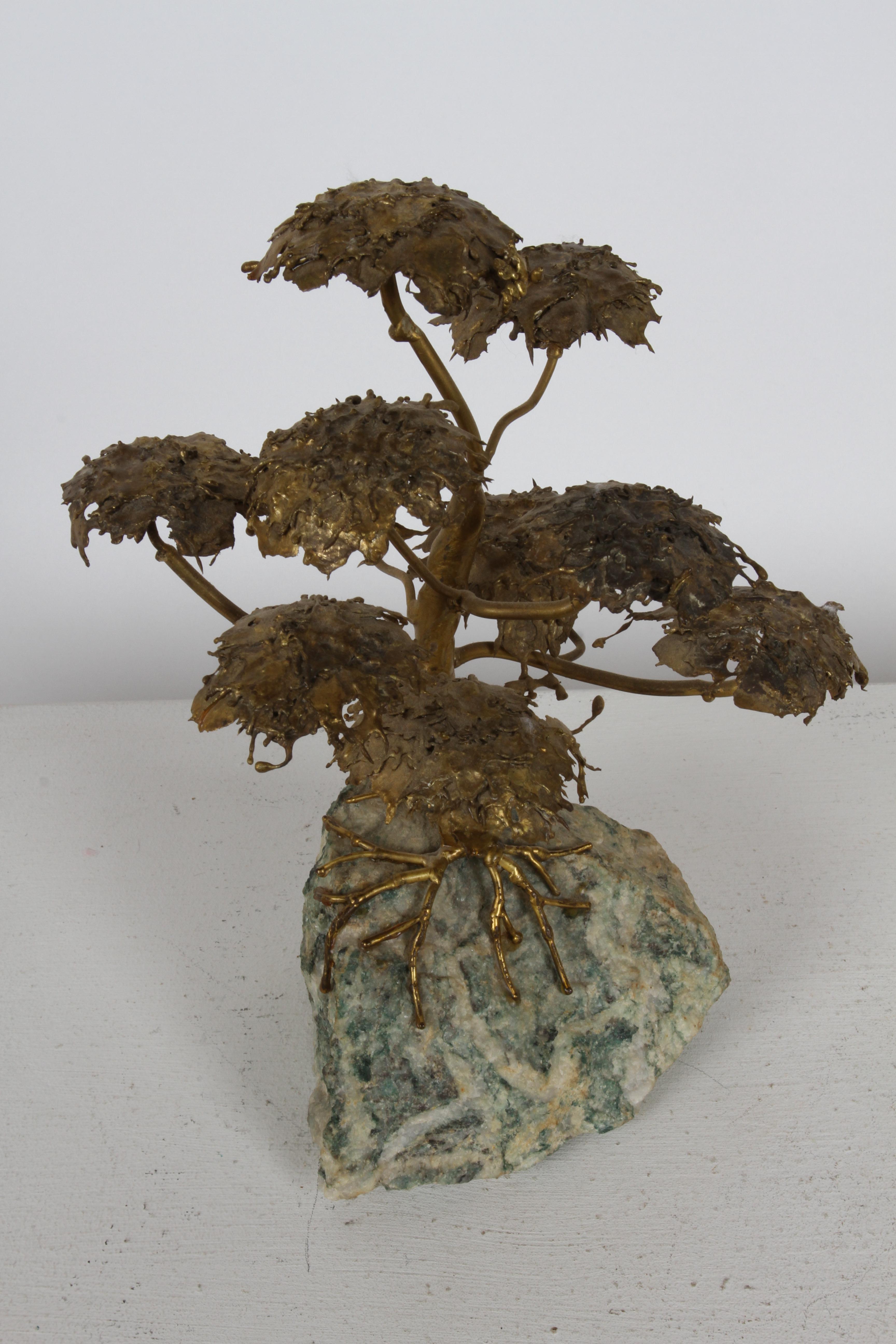 Mid-Century Artisan Brutalist Gold Metal Bonsai Tree Sculpture on Agate Base  For Sale 11