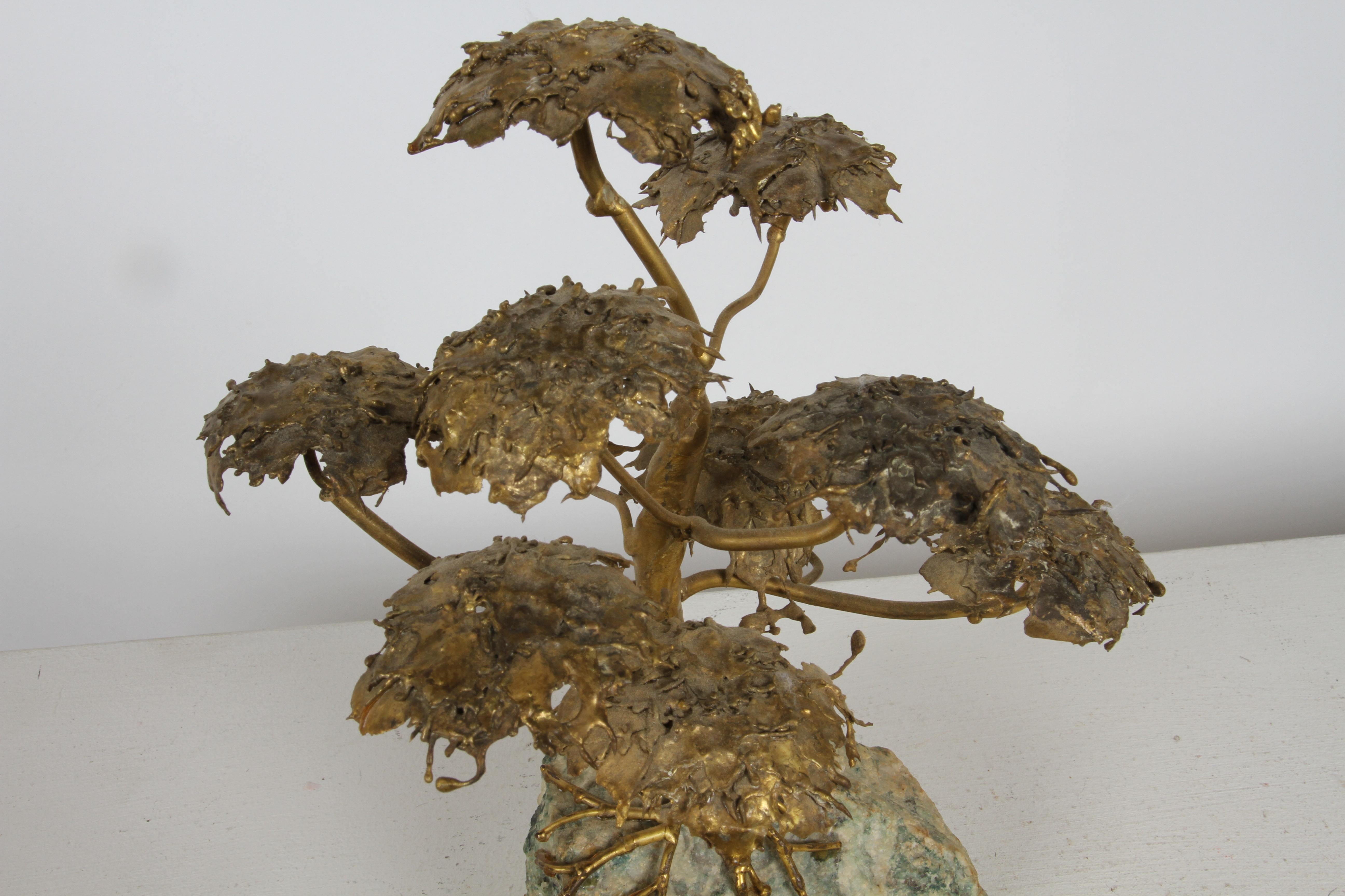 Mid-Century Artisan Brutalist Gold Metal Bonsai Tree Sculpture on Agate Base  For Sale 12