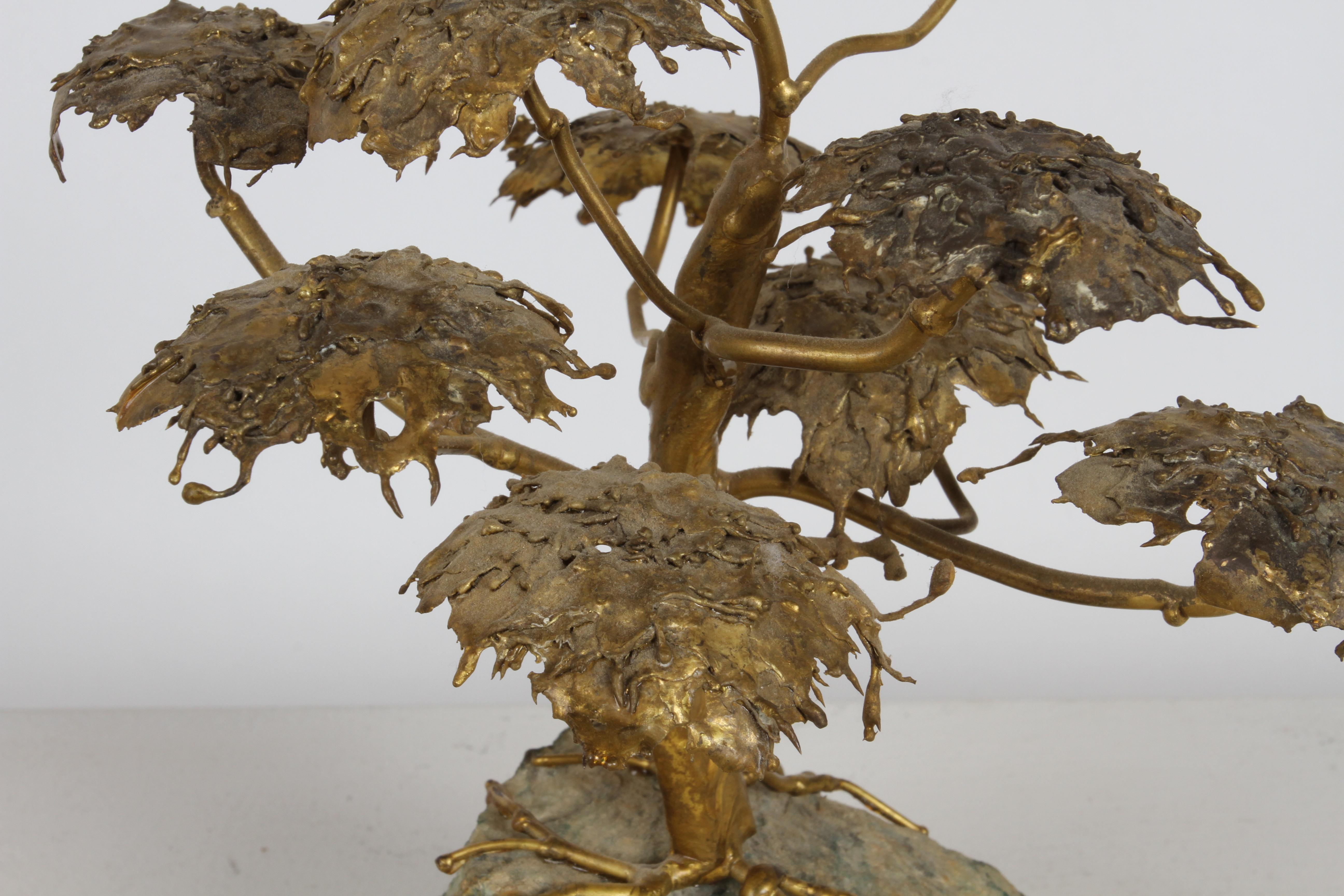 American Mid-Century Artisan Brutalist Gold Metal Bonsai Tree Sculpture on Agate Base  For Sale