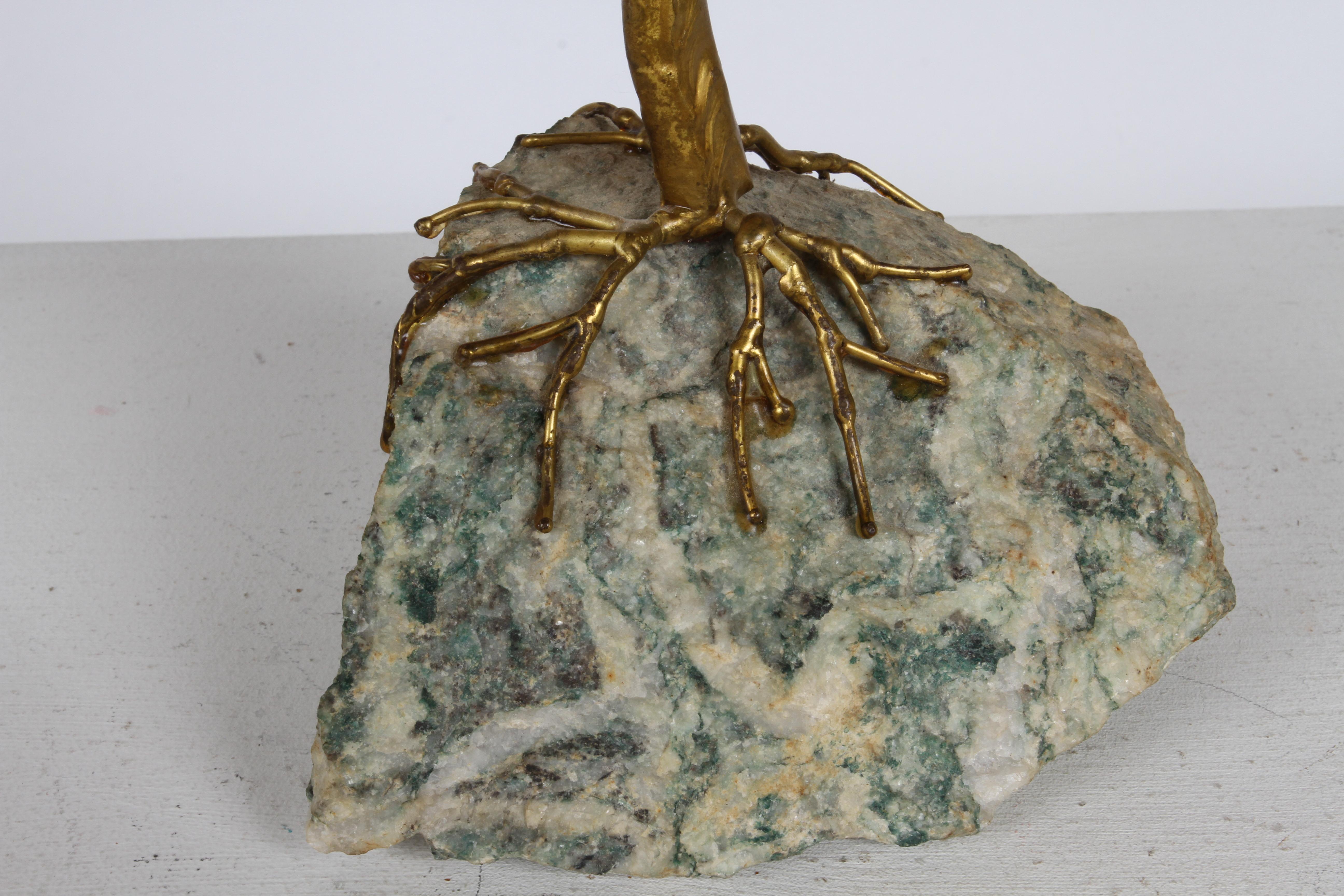 Mid-Century Artisan Brutalist Gold Metal Bonsai Tree Sculpture on Agate Base  In Good Condition For Sale In St. Louis, MO