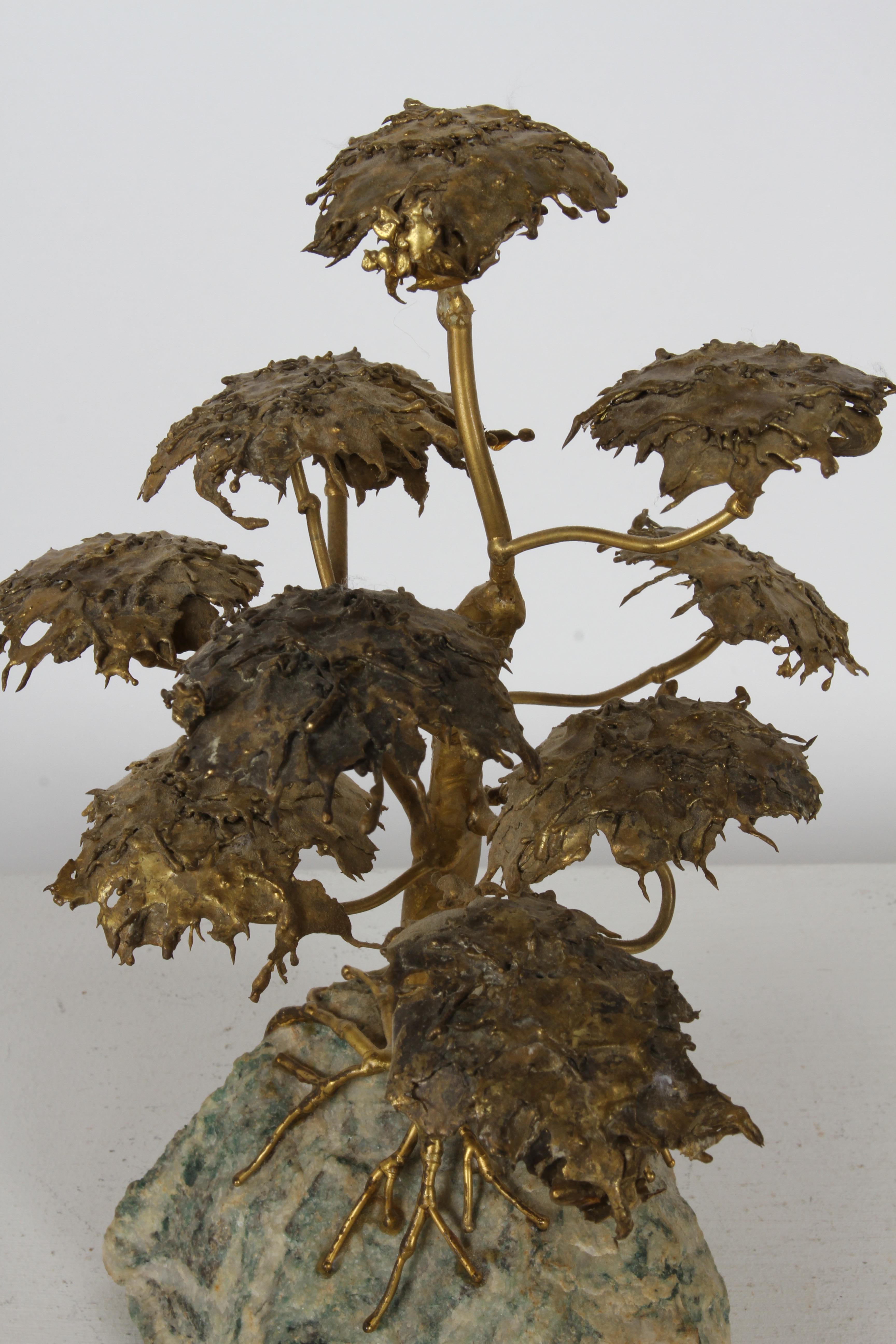 Mid-Century Artisan Brutalist Gold Metal Bonsai Tree Sculpture on Agate Base  For Sale 1