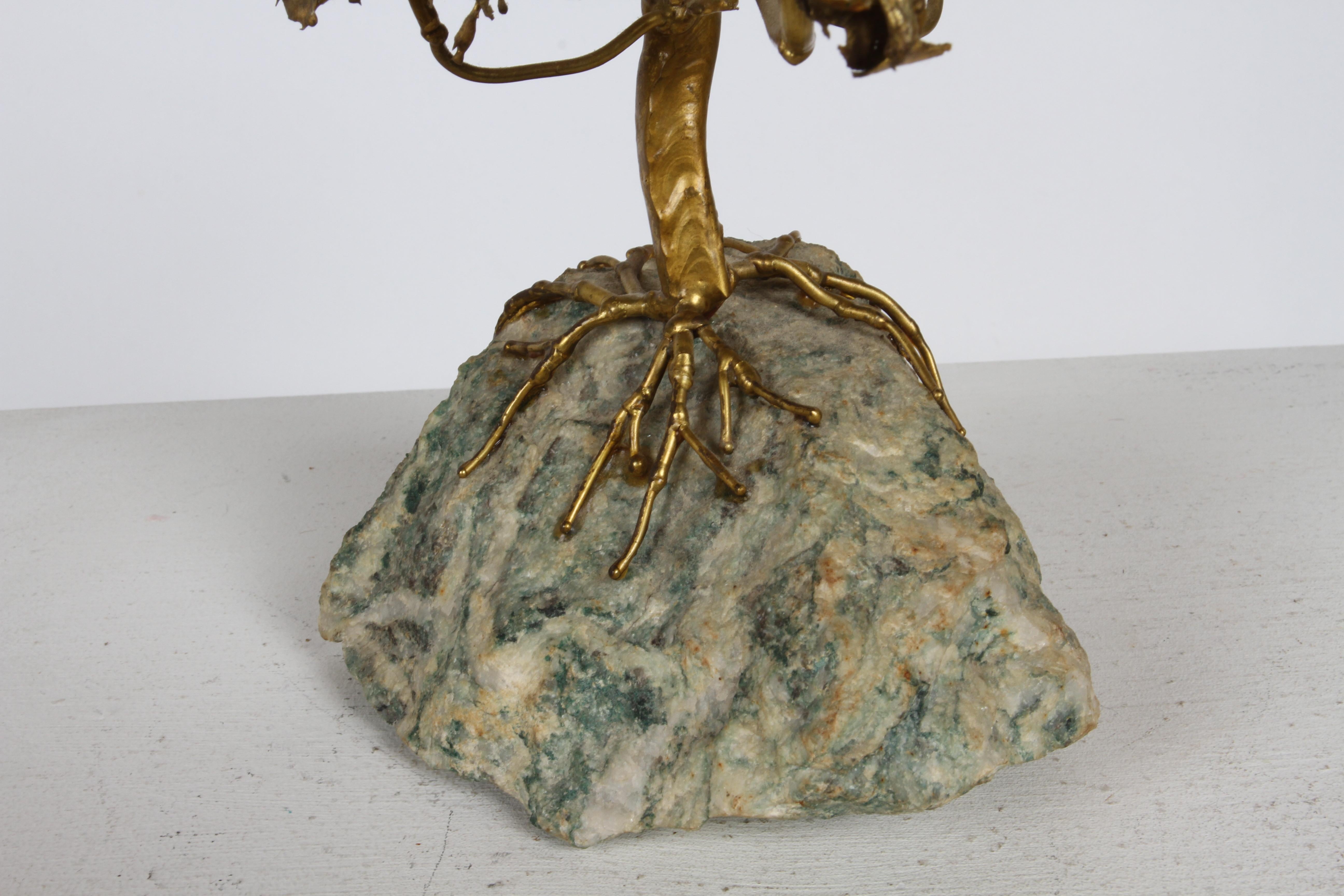 Mid-Century Artisan Brutalist Gold Metal Bonsai Tree Sculpture on Agate Base  For Sale 2