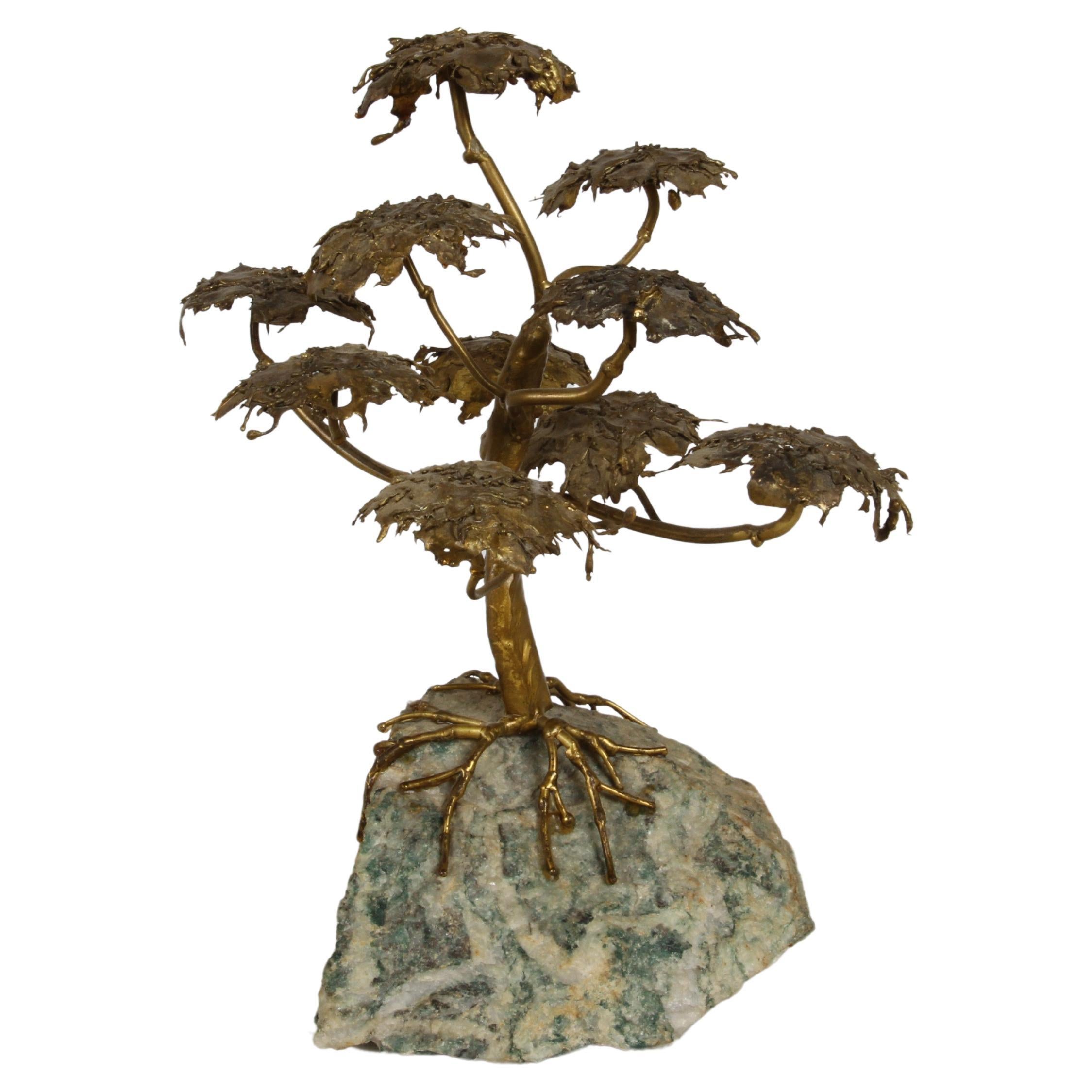 Mid-Century Artisan Brutalist Gold Metal Bonsai Tree Sculpture on Agate Base 