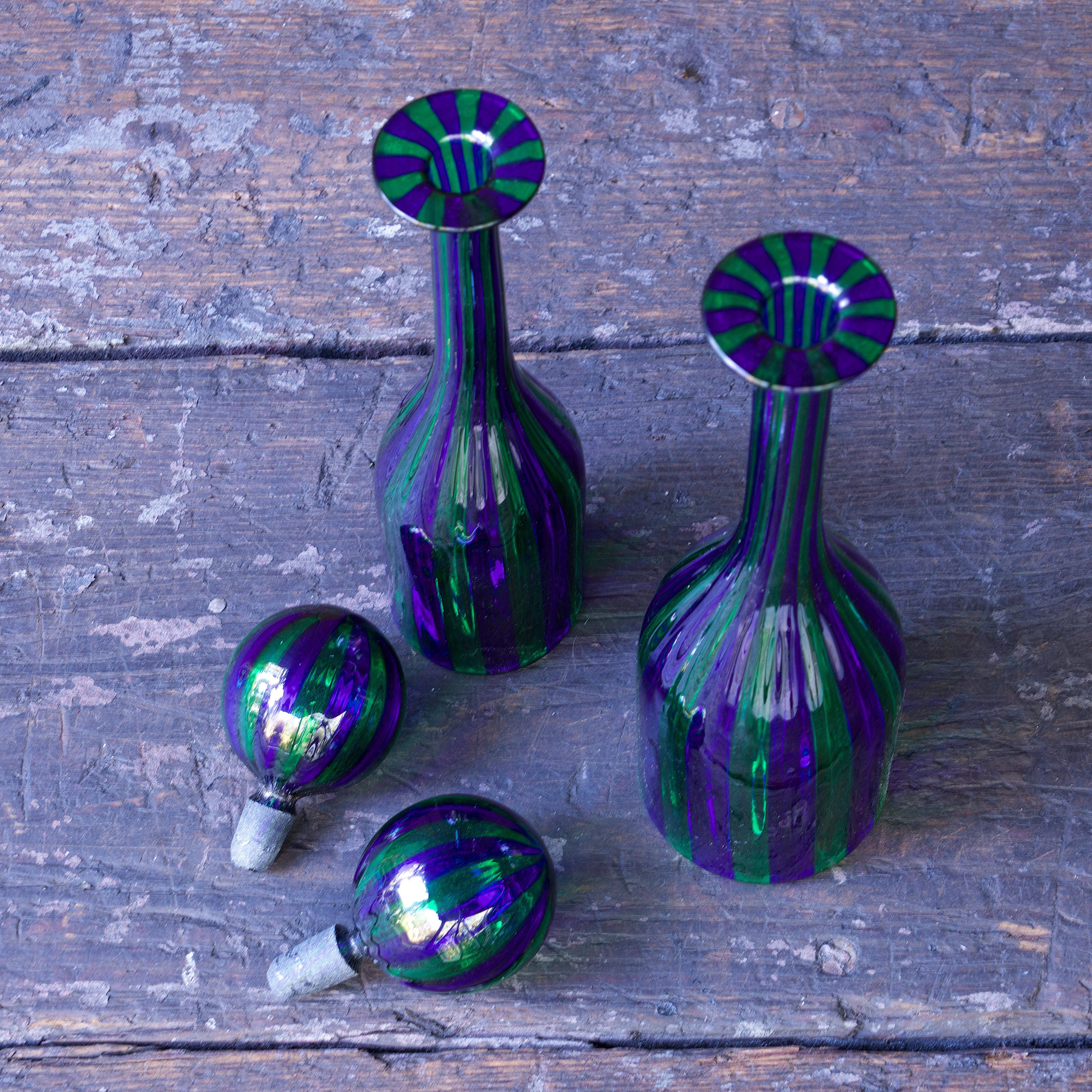 Art Glass Mid-Century Artisan Striped Cane Bottle Decanters like Gio Ponti for Venini For Sale