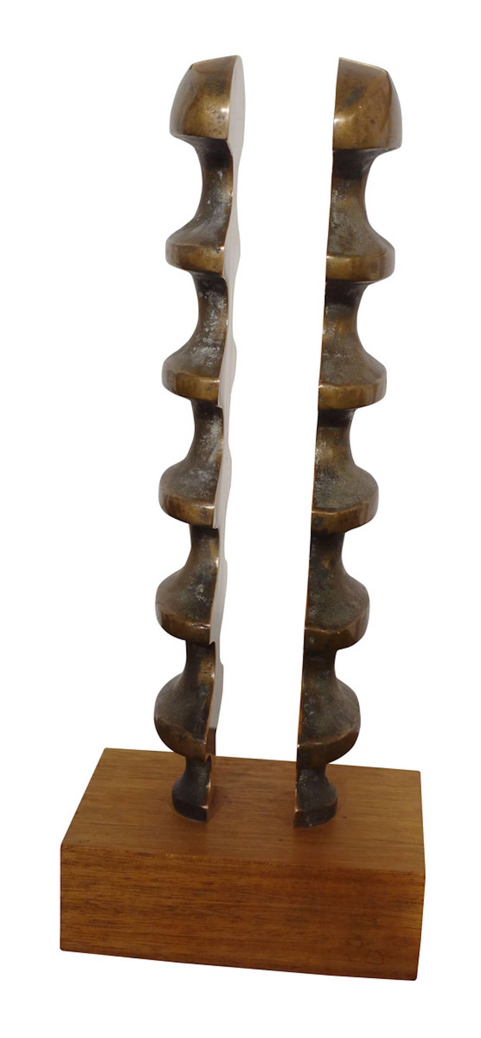 English sculptor Neil Willis (1932-2011) bronze abstract on wooden base.
Base measures: 6