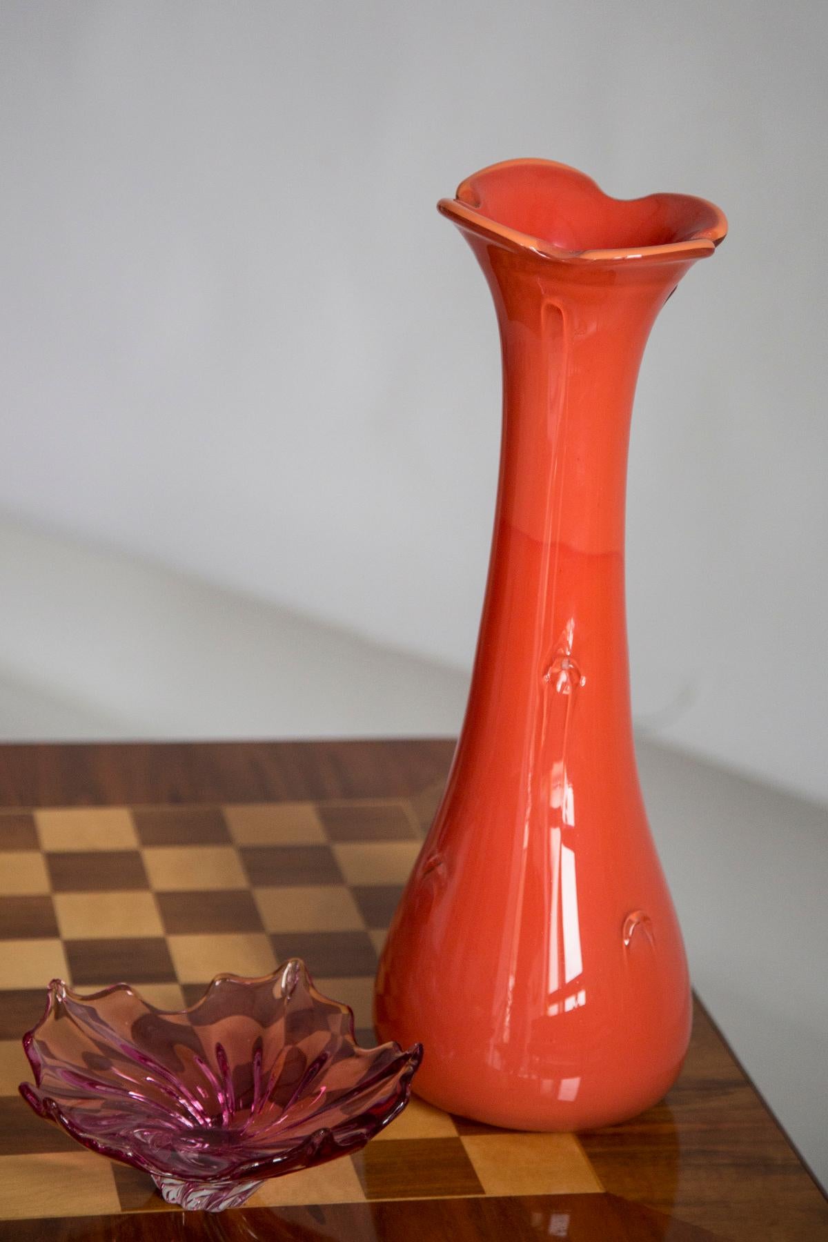 Polish Mid Century Artistic Glass Big Orange Vase, Tarnowiec, Sulczan, Europe, 1970s For Sale