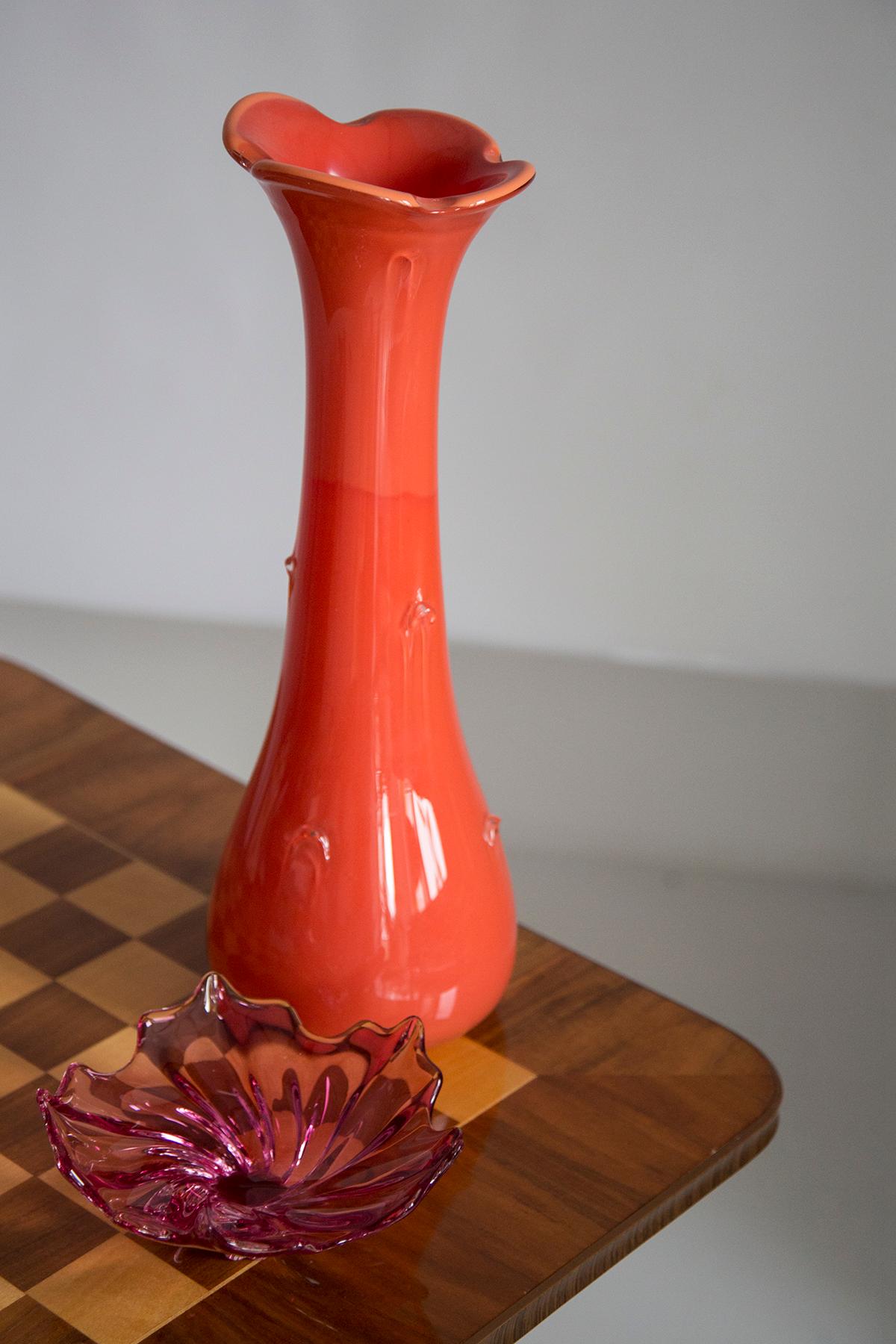 Hand-Carved Mid Century Artistic Glass Big Orange Vase, Tarnowiec, Sulczan, Europe, 1970s For Sale