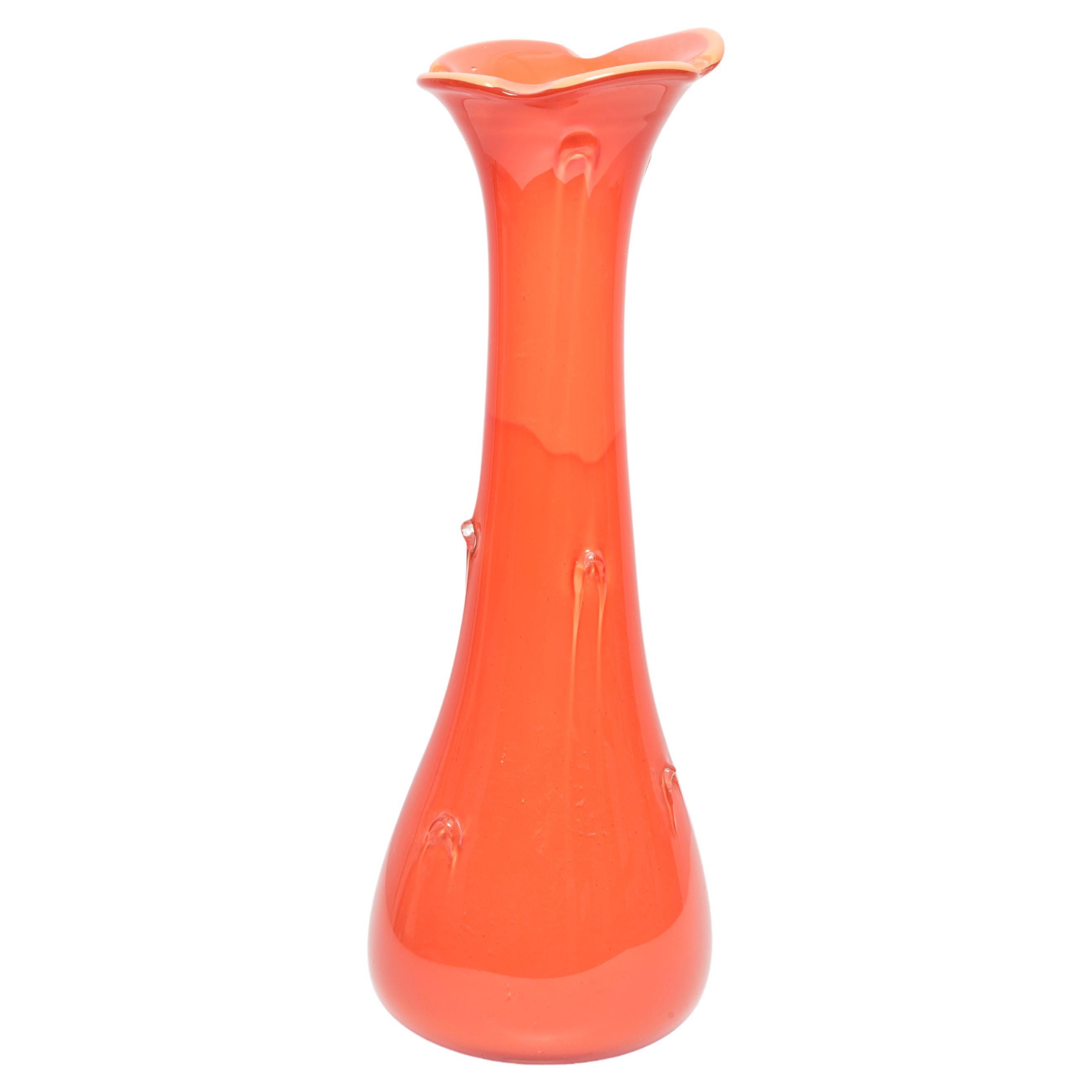 Mid Century Artistic Glass Big Orange Vase, Tarnowiec, Sulczan, Europe, 1970s For Sale