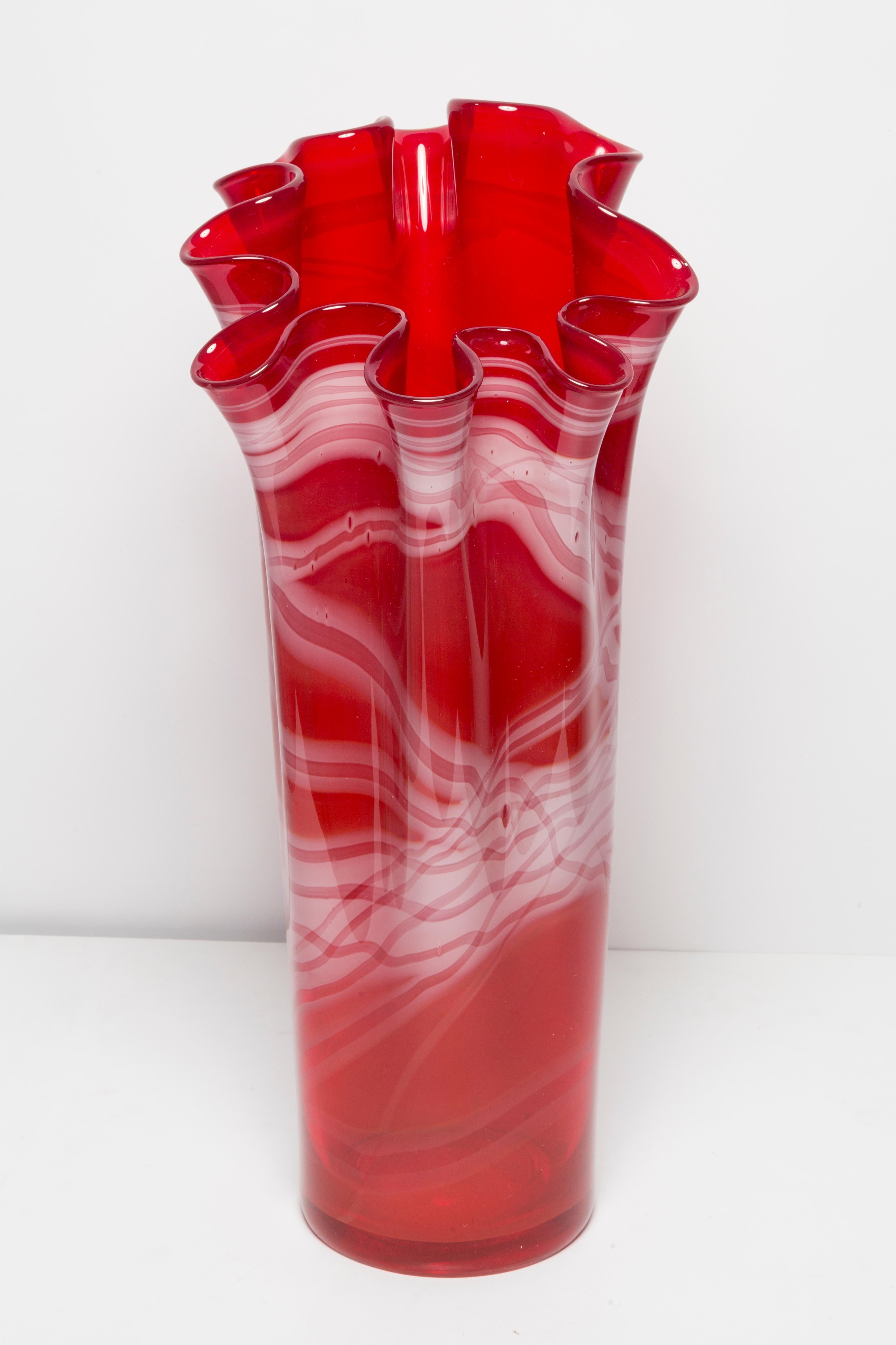 Polish Mid Century Artistic Glass Big Red Vase, Tarnowiec, Sulczan, Europe, 1970s For Sale