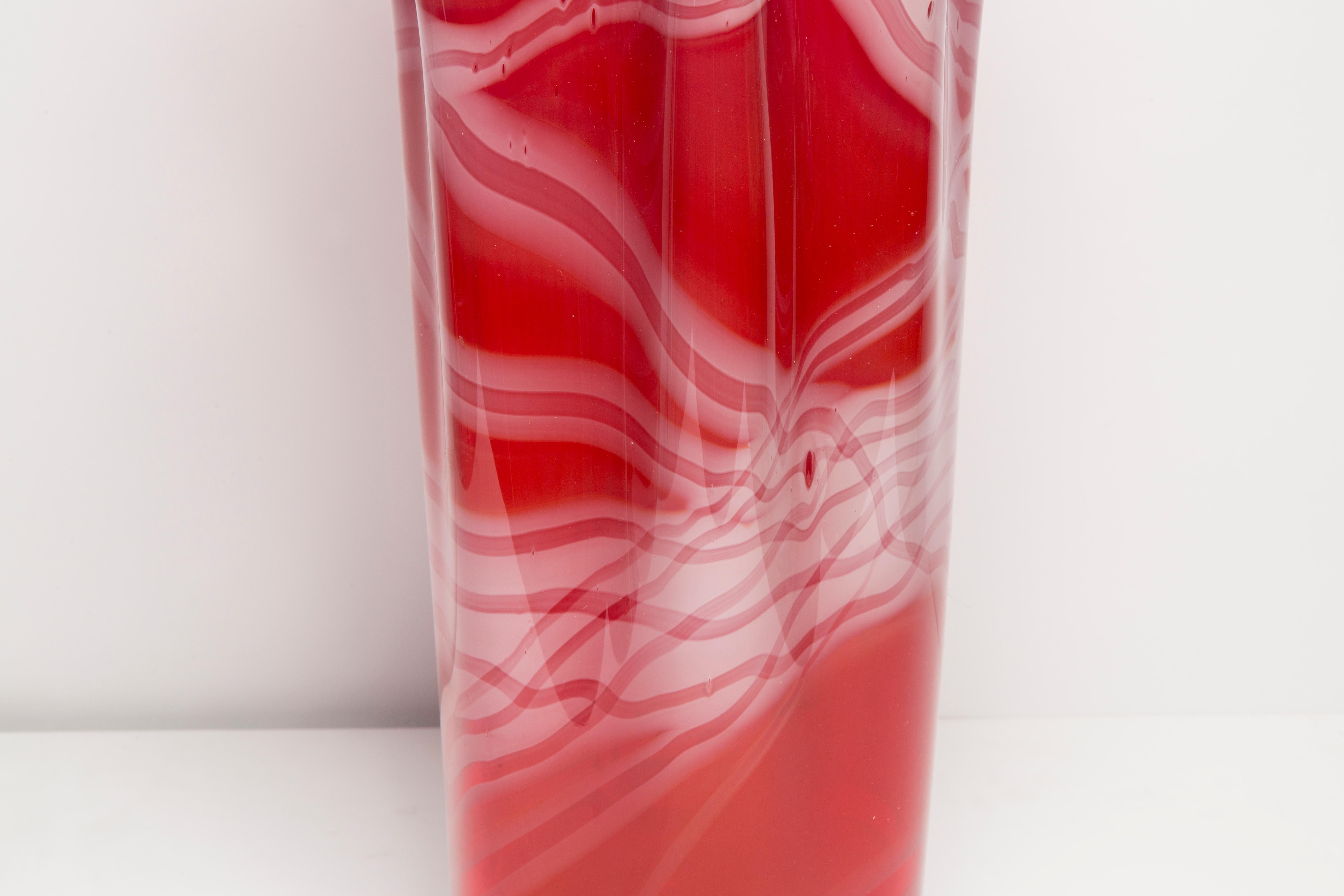 Hand-Carved Mid Century Artistic Glass Big Red Vase, Tarnowiec, Sulczan, Europe, 1970s For Sale