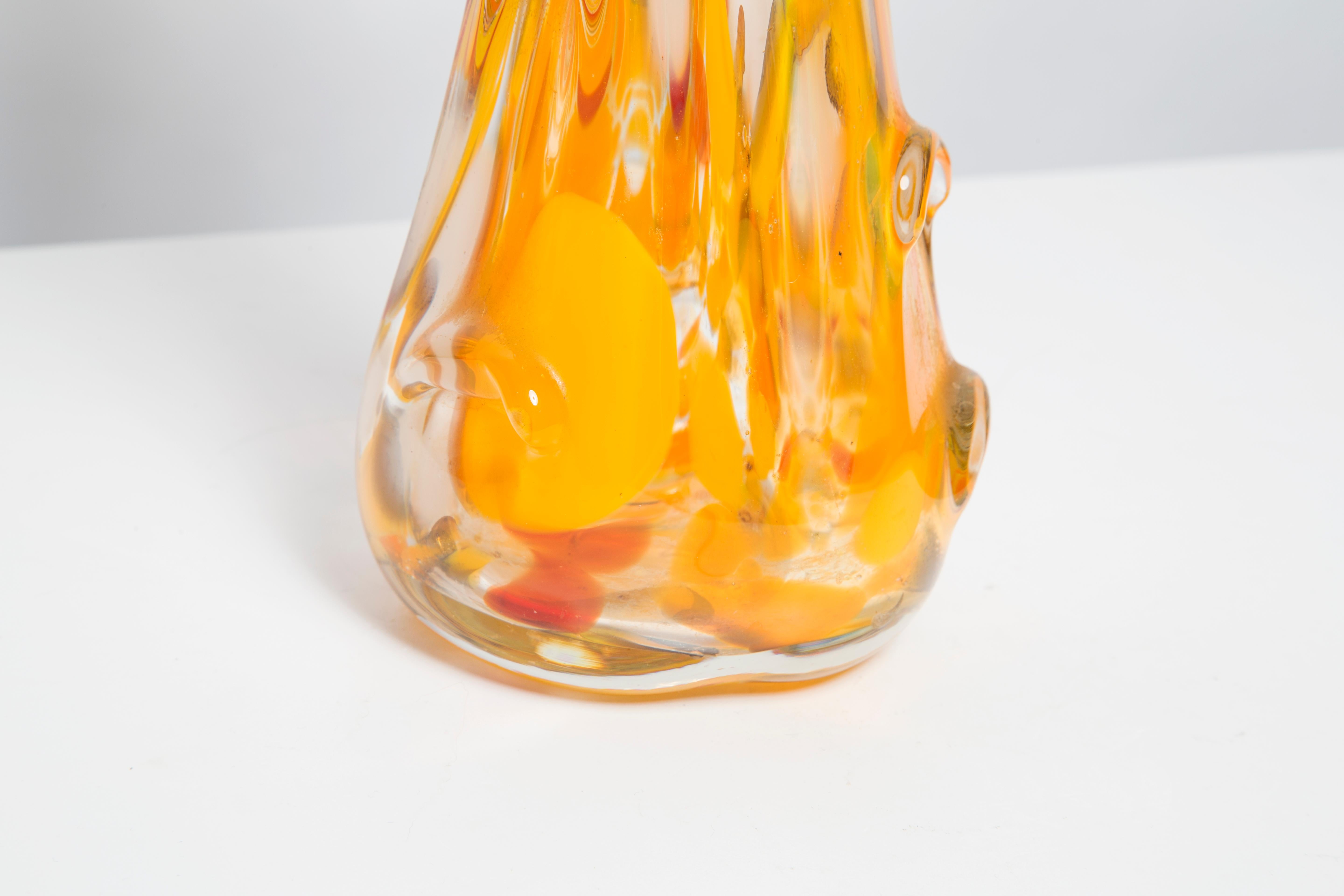 Hand-Carved Mid Century Artistic Glass Yellow Vase, Tarnowiec, Sulczan, Europe, 1970s For Sale