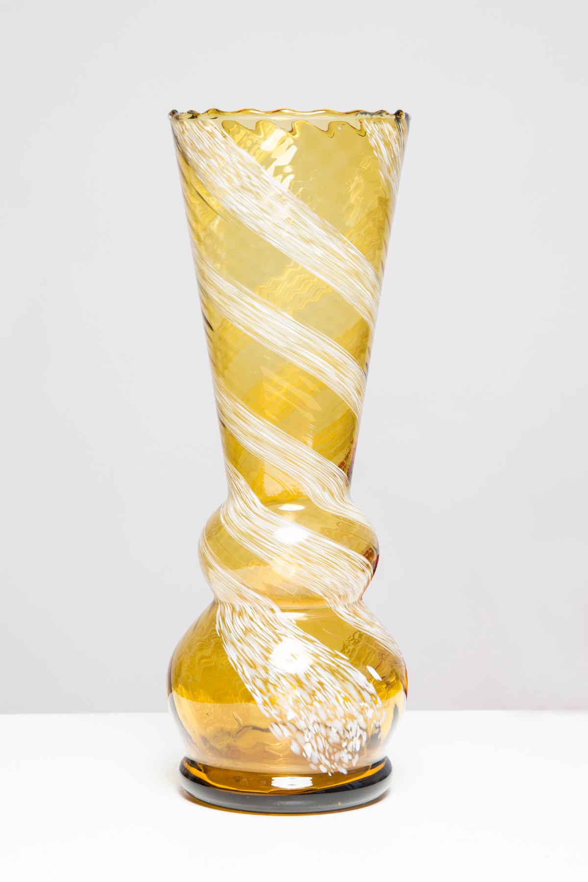 Hand-Carved Mid Century Artistic Glass Yellow Vase, Tarnowiec, Sulczan, Europe, 1970s For Sale