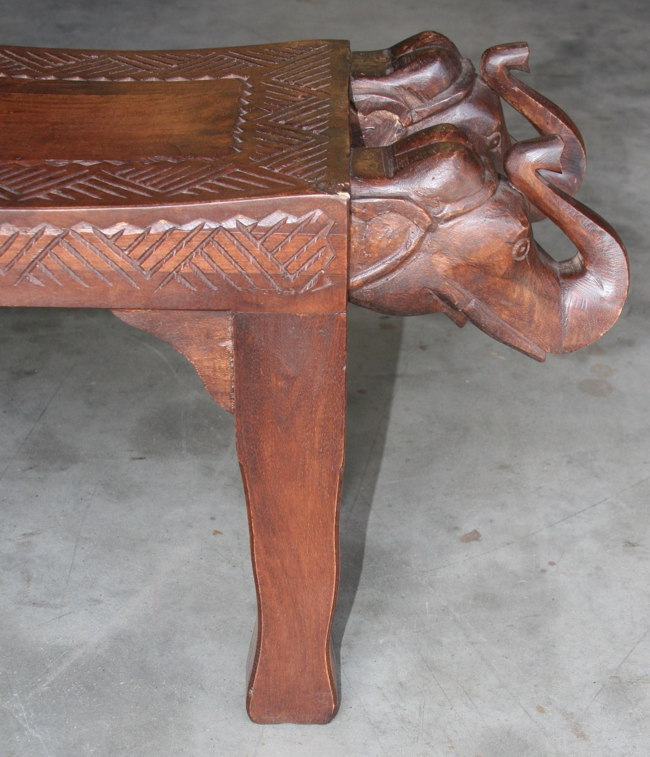 Anglo Raj Midcentury Artistically Carved Thick Seat with Elephant Heads on Either Side For Sale
