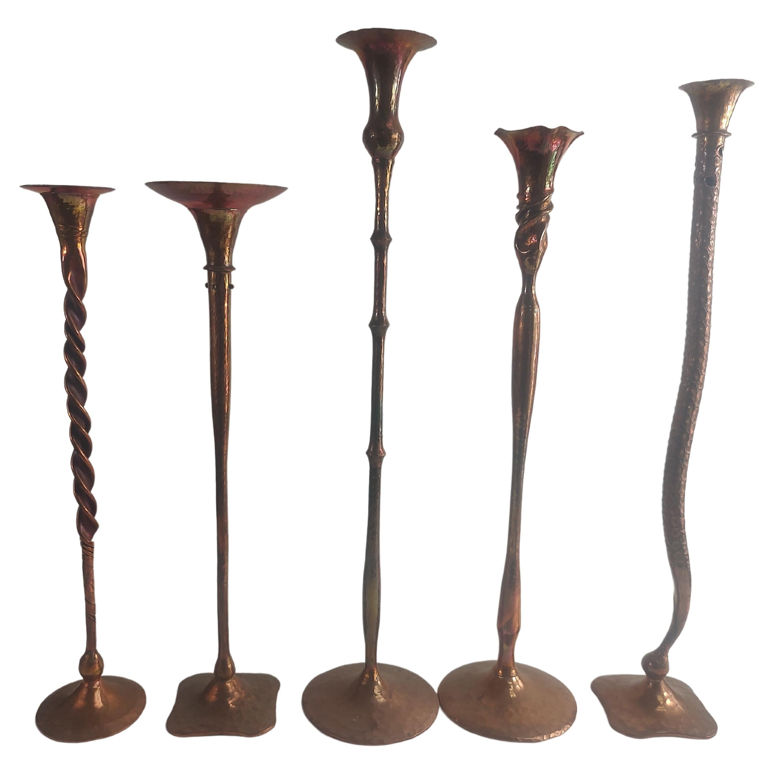 Mid Century Arts & Crafts Copper Candlesticks by Hessel Studios Hand Hammered For Sale 7