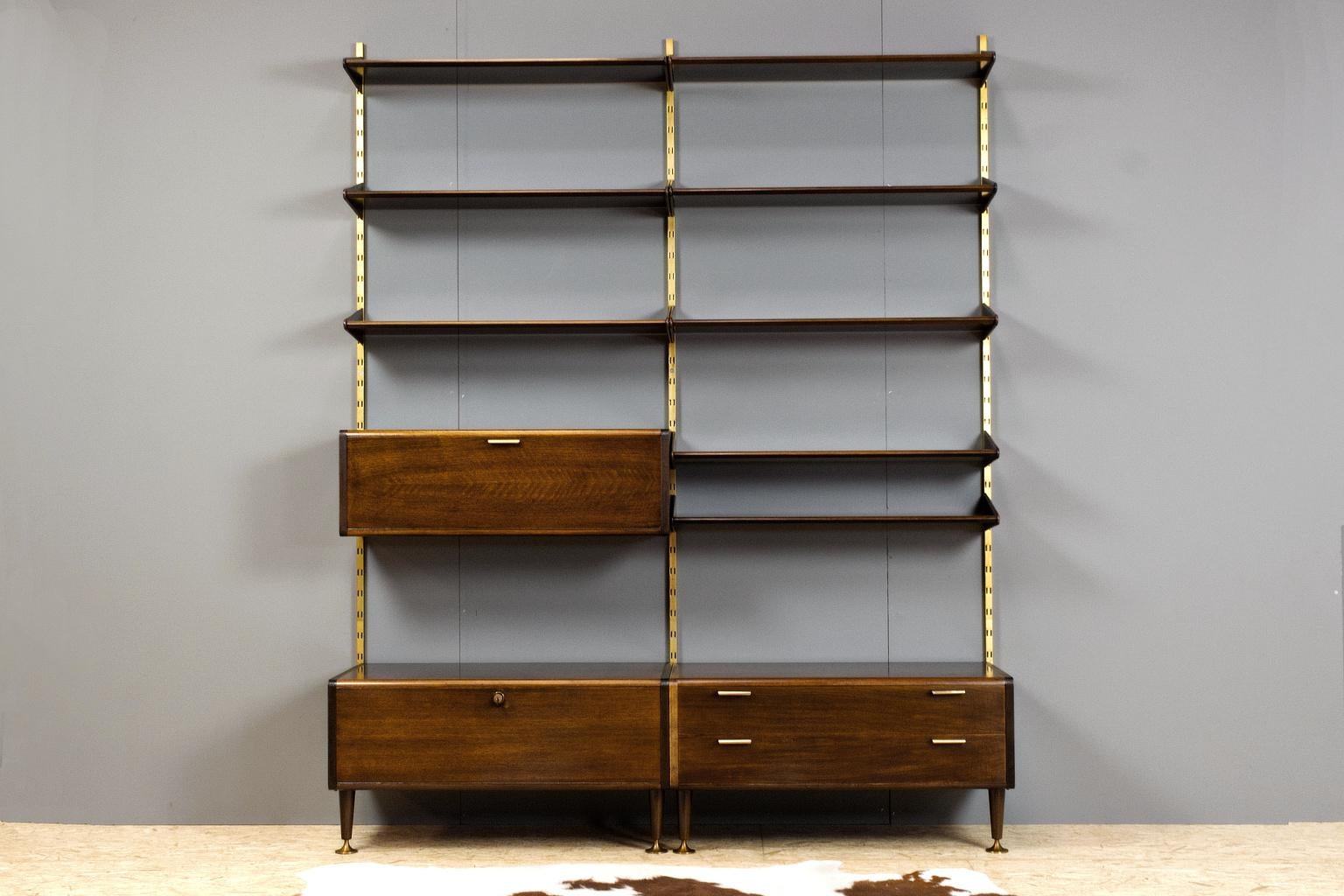 Mid-Century Modern Midcentury Ash and Brass Modular Wall Unit by A.Patijn for Fristho, Dutch 1950s