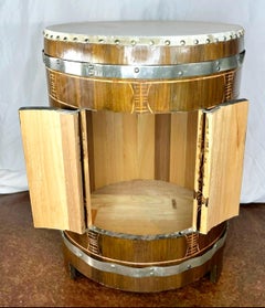 Mid Century Asian Carved Wood and Leather Drum Table