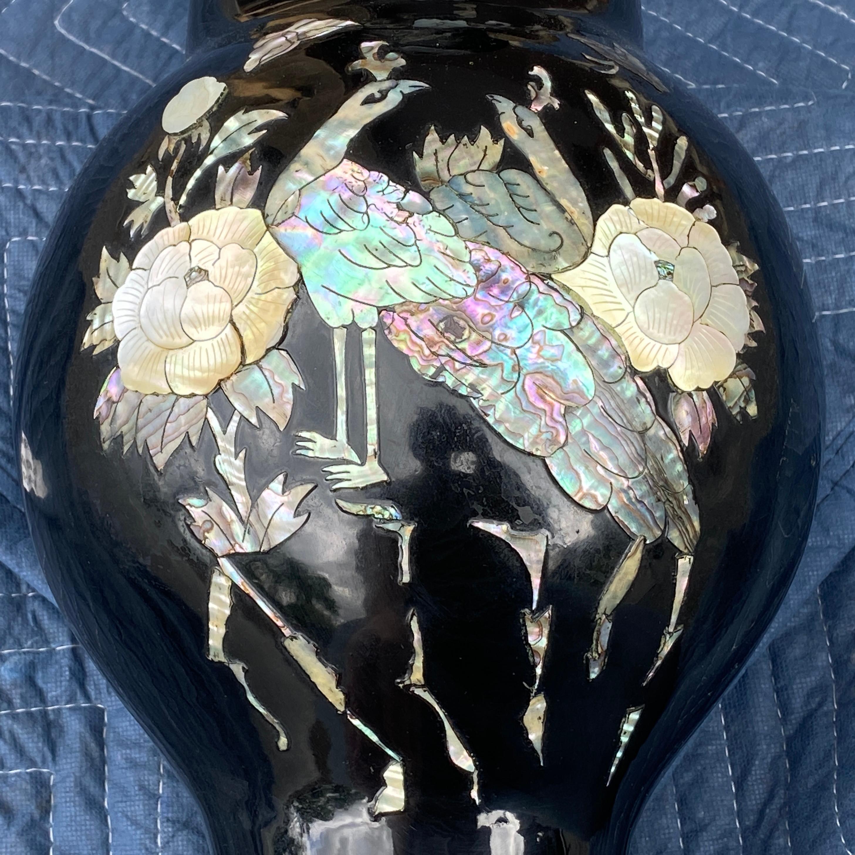 Mid-Century Asian Cloisonné Mother of Pearl Peacock Vase For Sale 3