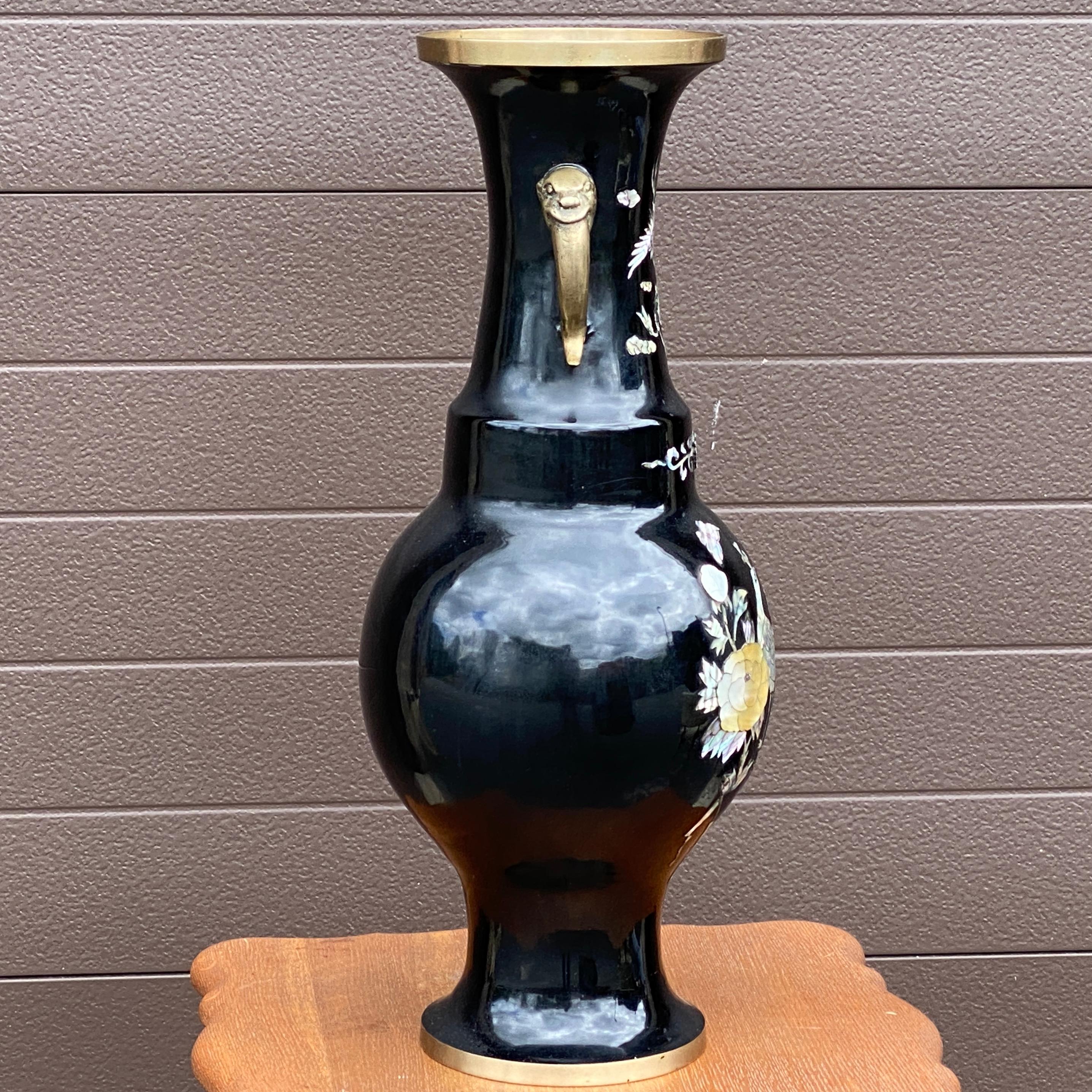 Korean Mid-Century Asian Cloisonné Mother of Pearl Peacock Vase For Sale