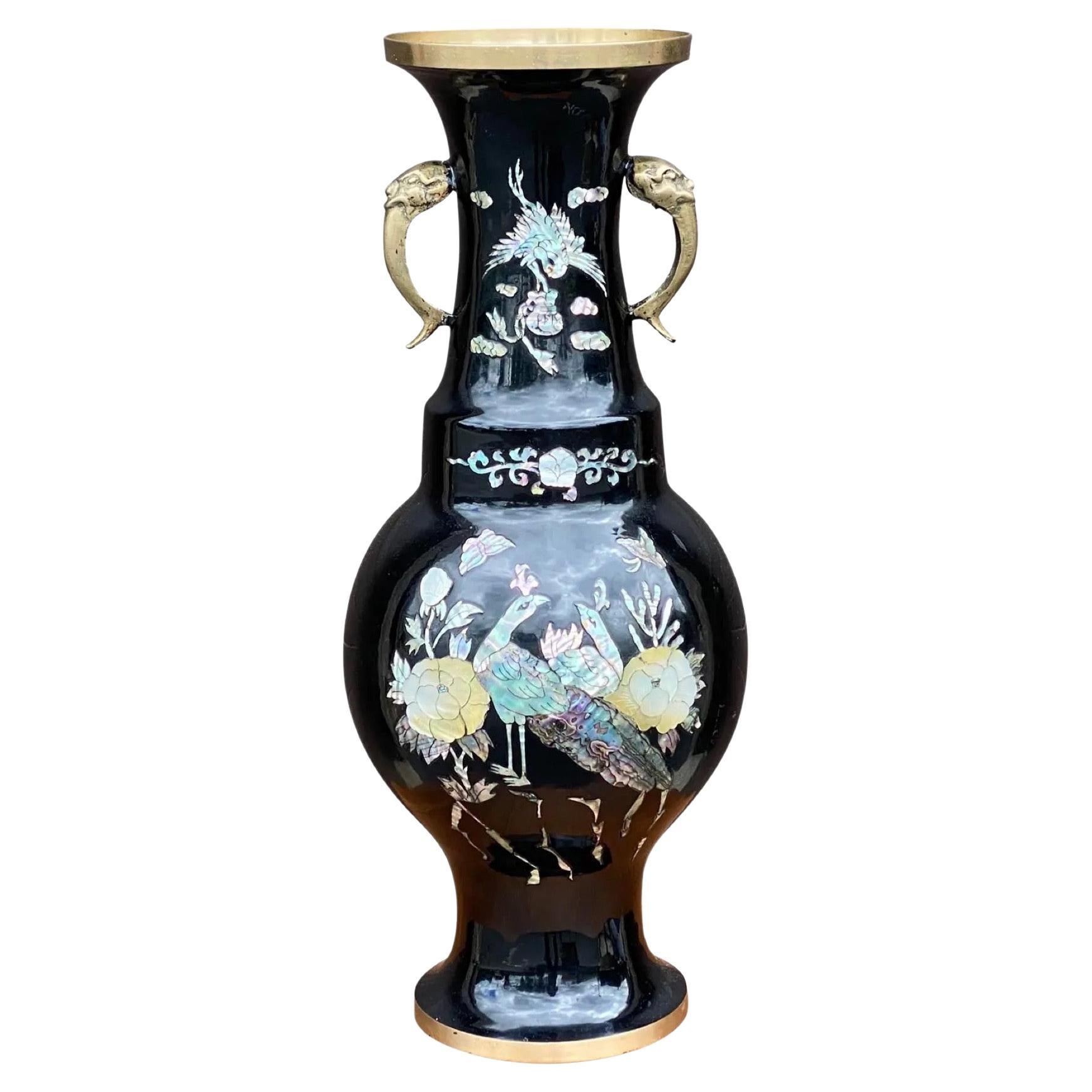Mid-Century Asian Cloisonné Mother of Pearl Peacock Vase For Sale