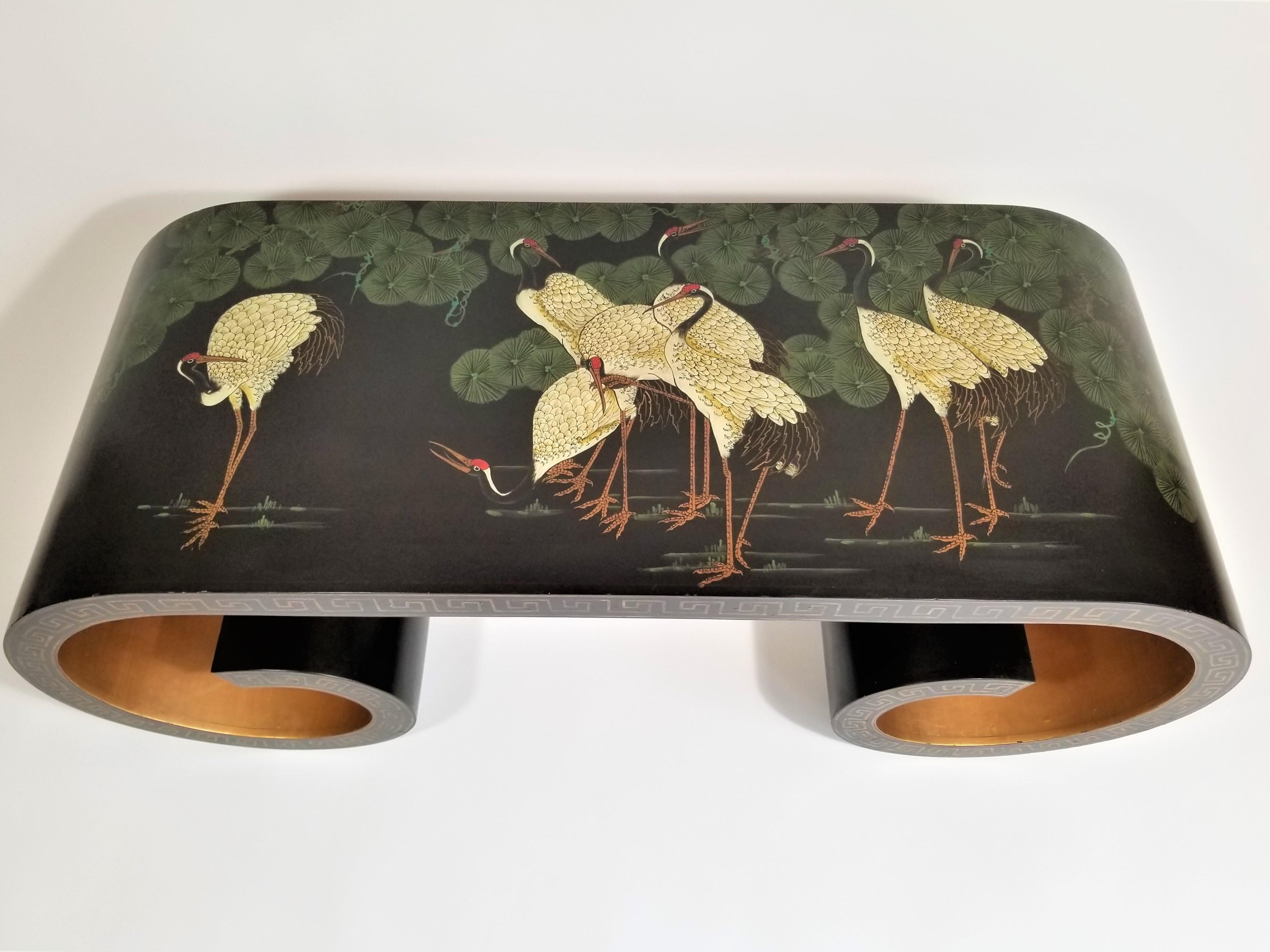 Midcentury Asian Greek Key Scroll Coffee Table with Gilded Accents / Interior In Good Condition In New York, NY