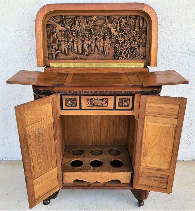 MidCentury Asian Hand Carved Teak Dry Bar For Sale at 1stDibs