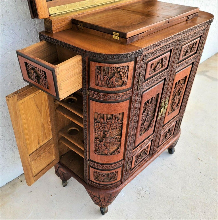 MidCentury Asian Hand Carved Teak Dry Bar For Sale at 1stDibs