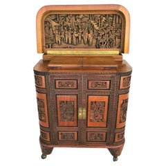 Mid-Century Asian Hand Carved Teak Dry Bar Cabinet
