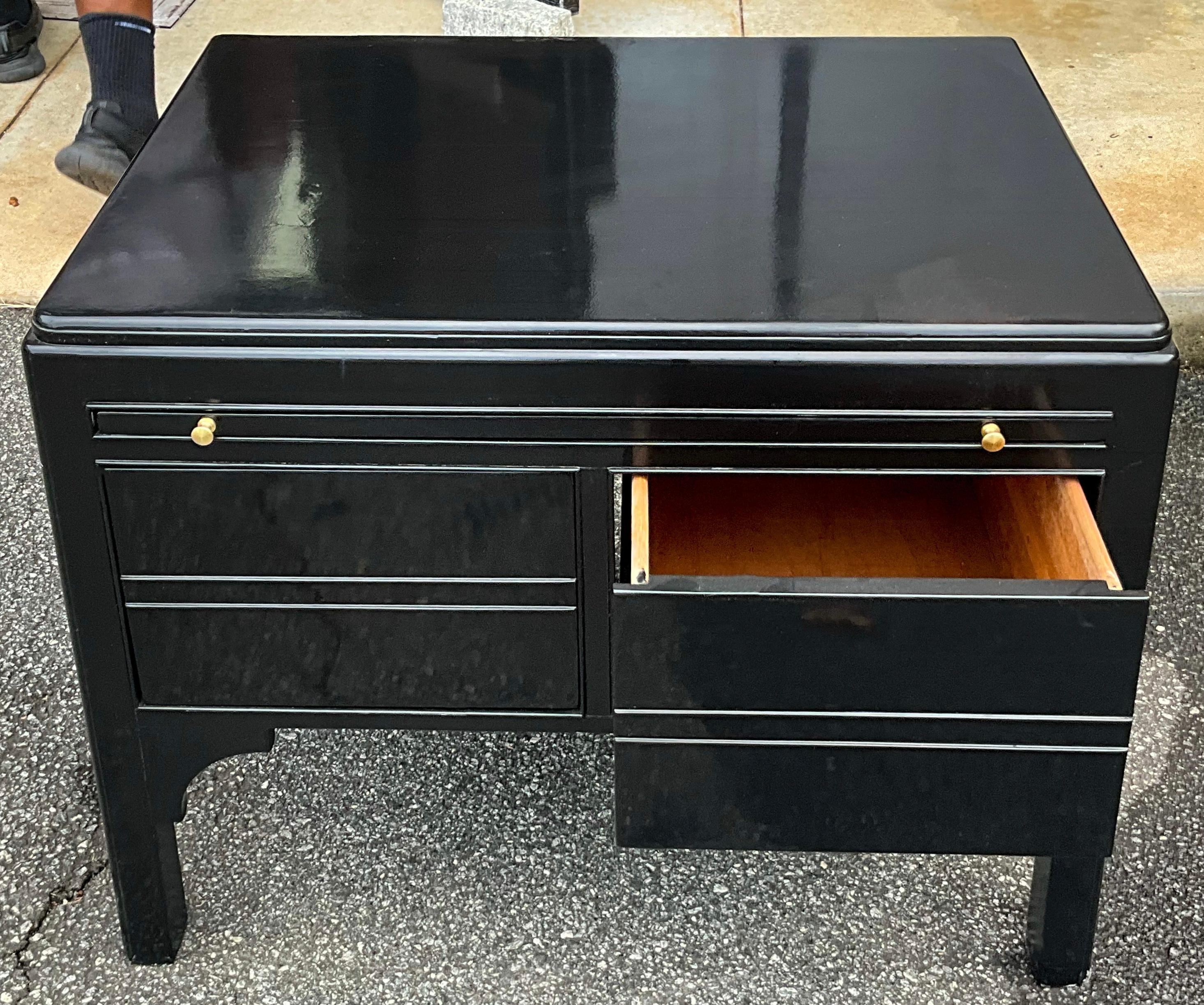 American Mid-Century Asian Modern Low Profile Black Lacquer Side Tables / Chests -Pair For Sale