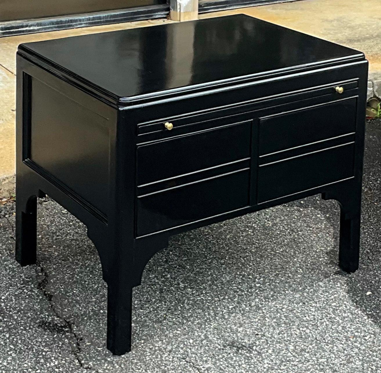 Brass Mid-Century Asian Modern Low Profile Black Lacquer Side Tables / Chests -Pair For Sale