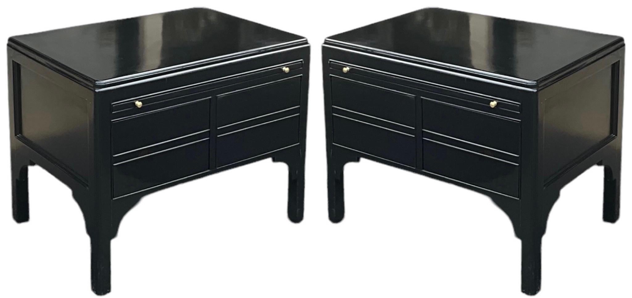 Mid-Century Asian Modern Low Profile Black Lacquer Side Tables / Chests -Pair For Sale 2