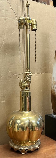 Mid-Century Asian Modern Solid Brass Foo Dog On Ginger Jar Table Lamp By Marbro