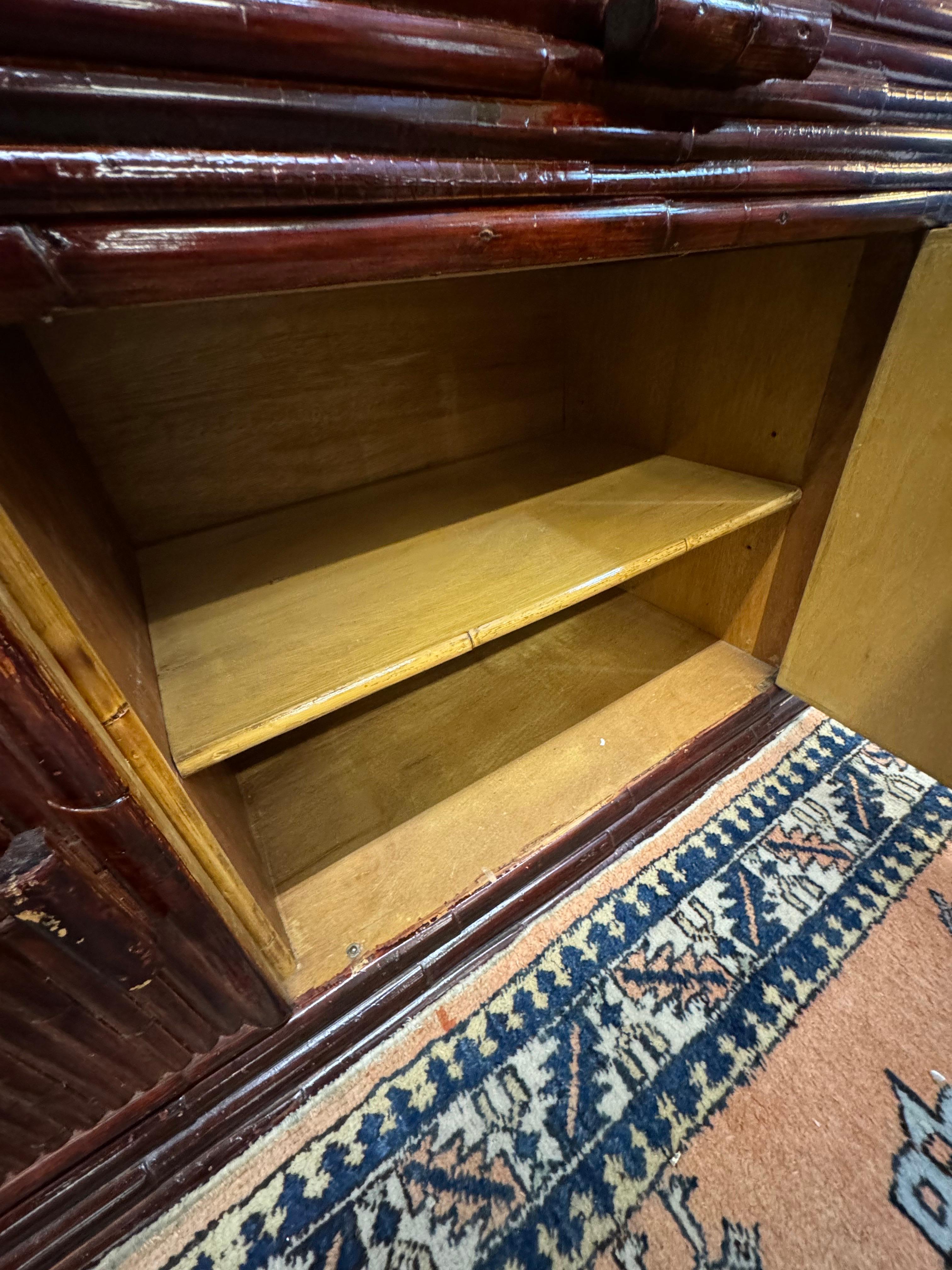 Chinoiserie Mid-Century Asian Pagoda Style Bamboo China Hutch For Sale