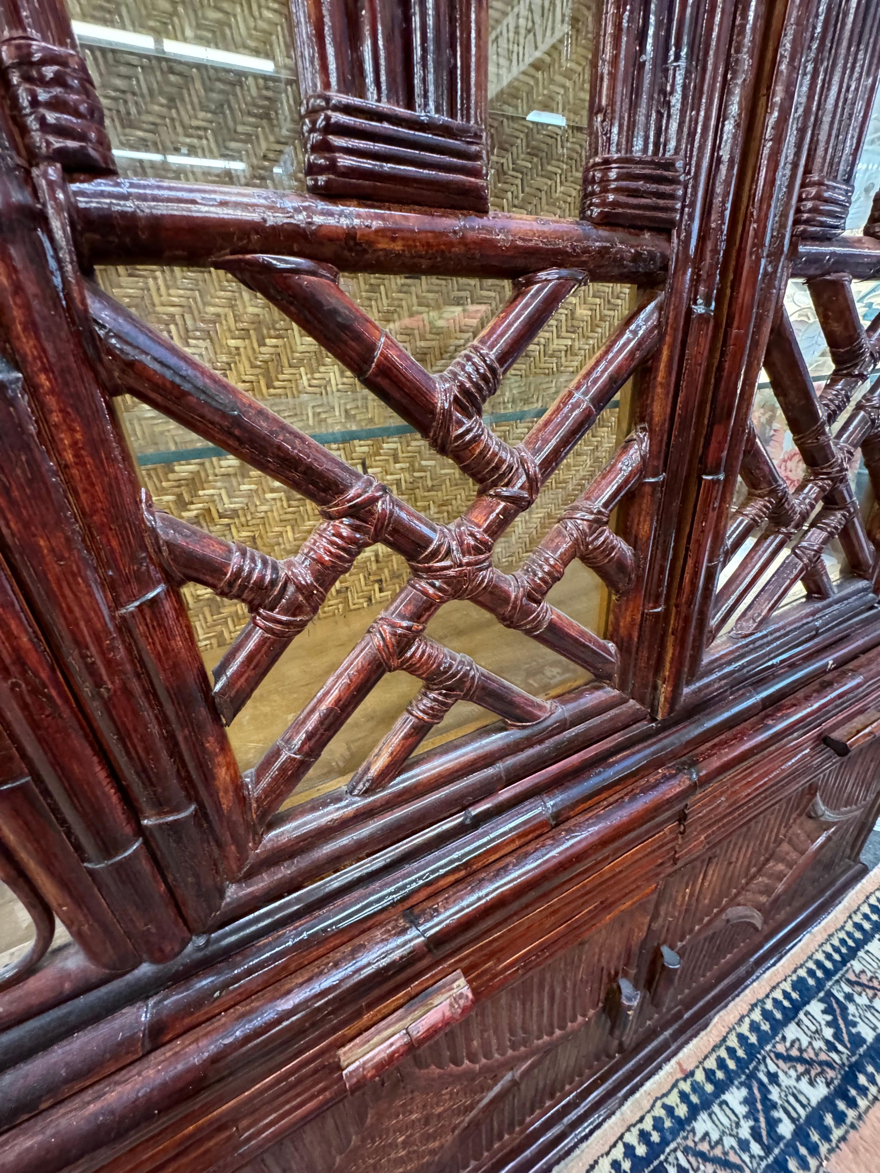 Hand-Crafted Mid-Century Asian Pagoda Style Bamboo China Hutch For Sale