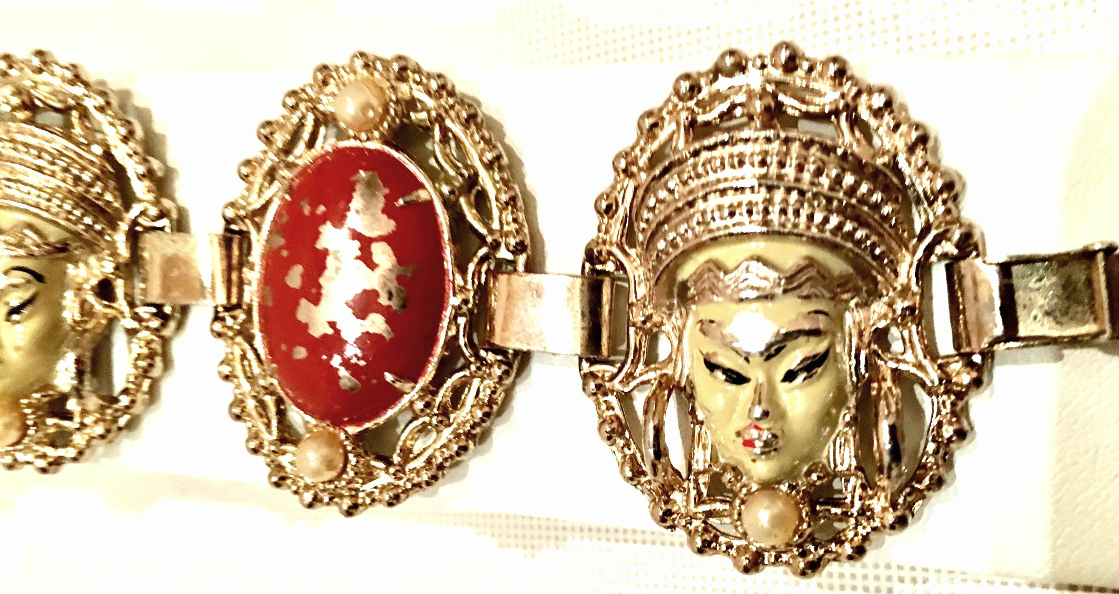 Vintage Selro Asian Princess Gold, Cinnabar & Faux Ivory Bracelet & Earrings S/3 In Good Condition For Sale In West Palm Beach, FL