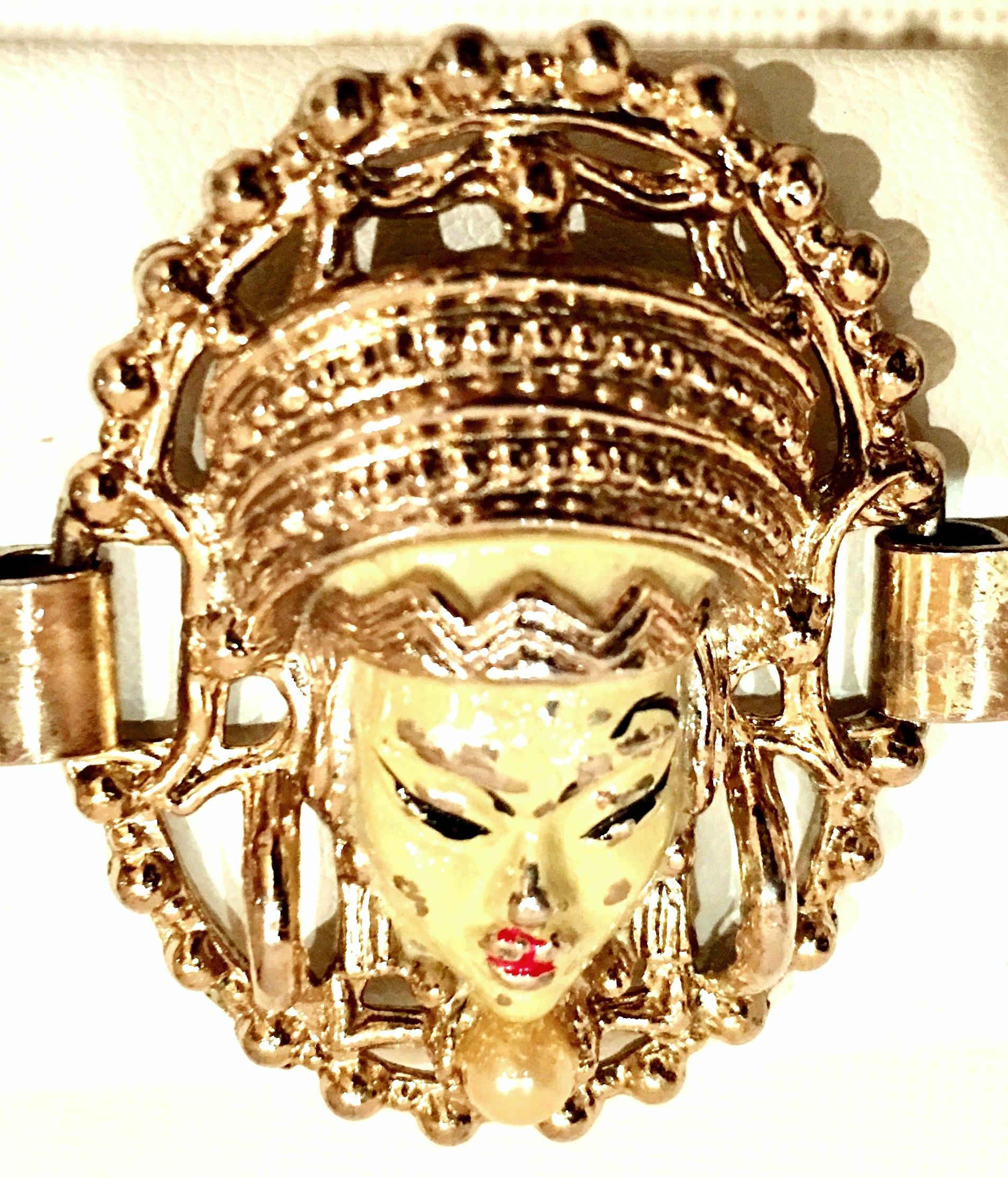 Women's or Men's Vintage Selro Asian Princess Gold, Cinnabar & Faux Ivory Bracelet & Earrings S/3 For Sale