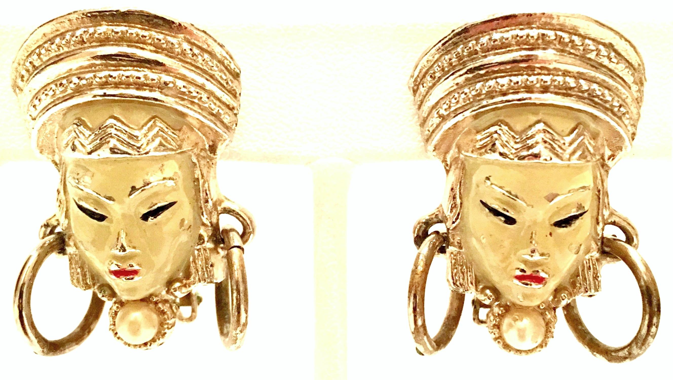 Vintage Selro Asian Princess Gold, Cinnabar & Faux Ivory Bracelet & Earrings S/3 For Sale 2