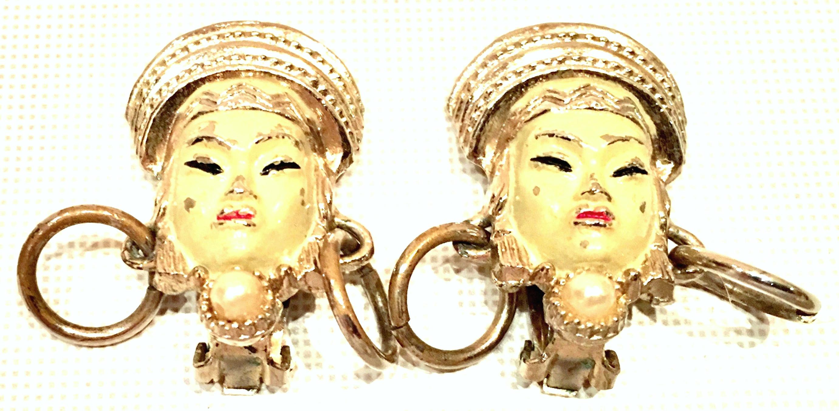 Vintage Selro Asian Princess Gold, Cinnabar & Faux Ivory Bracelet & Earrings S/3 For Sale 3