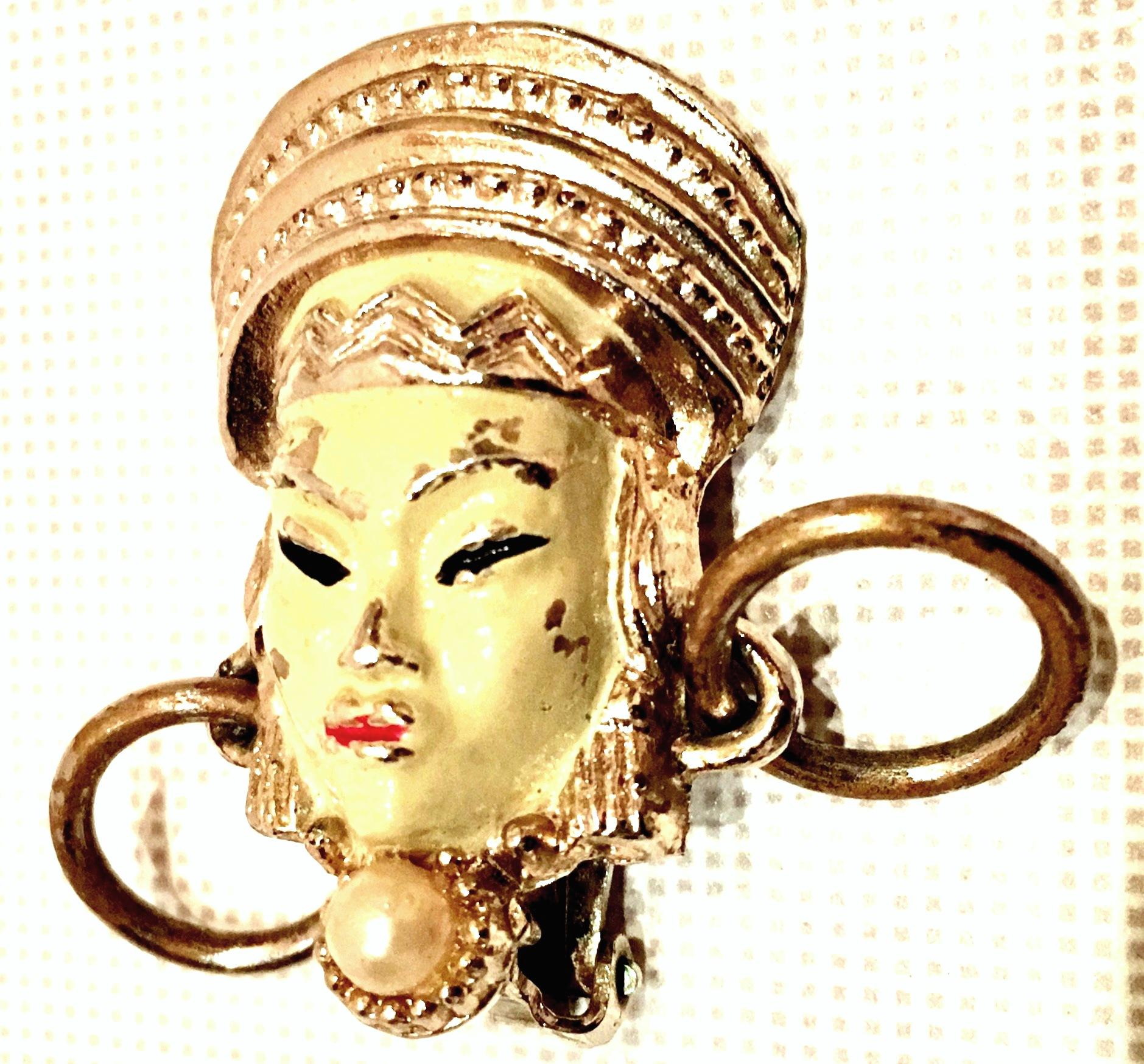Vintage Selro Asian Princess Gold, Cinnabar & Faux Ivory Bracelet & Earrings S/3 For Sale 4