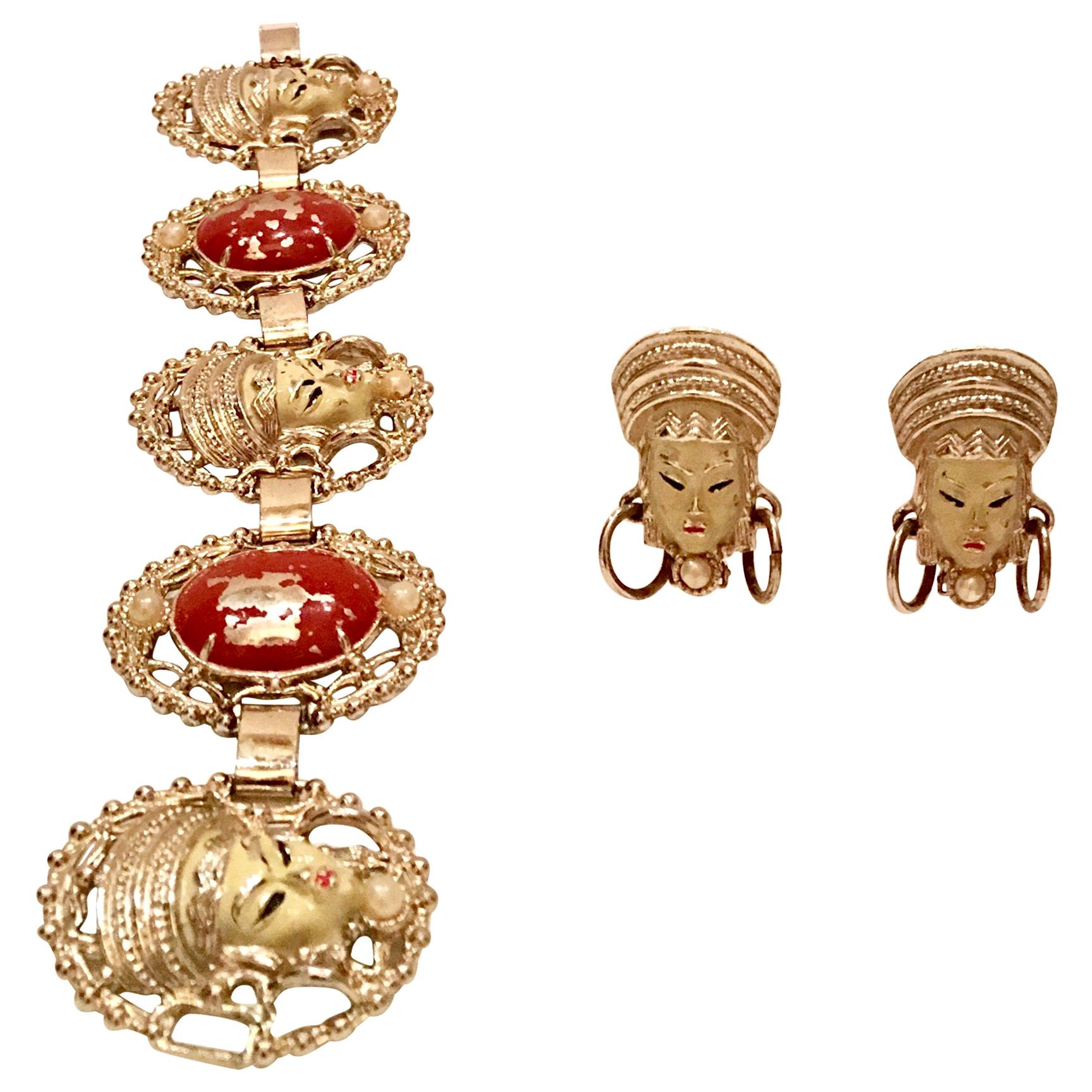 Mid-Century "Asian Princess" Gold, Cinnabar & Faux Ivory Bracelet & Earrings S/3 For Sale