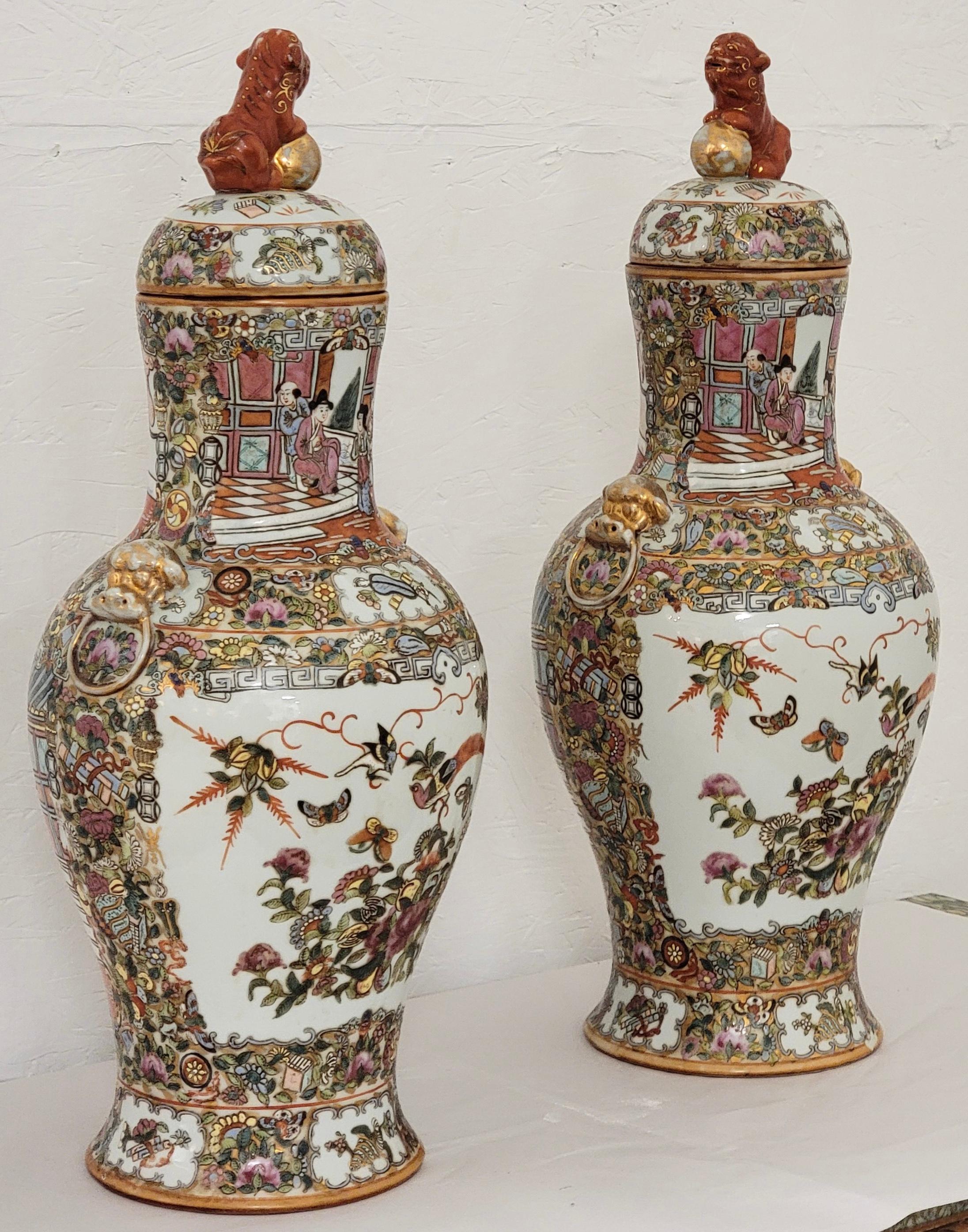 20th Century Mid-Century Asian Rose Famille Style Ginger Jars with Gilt Accents and Foo Dogs