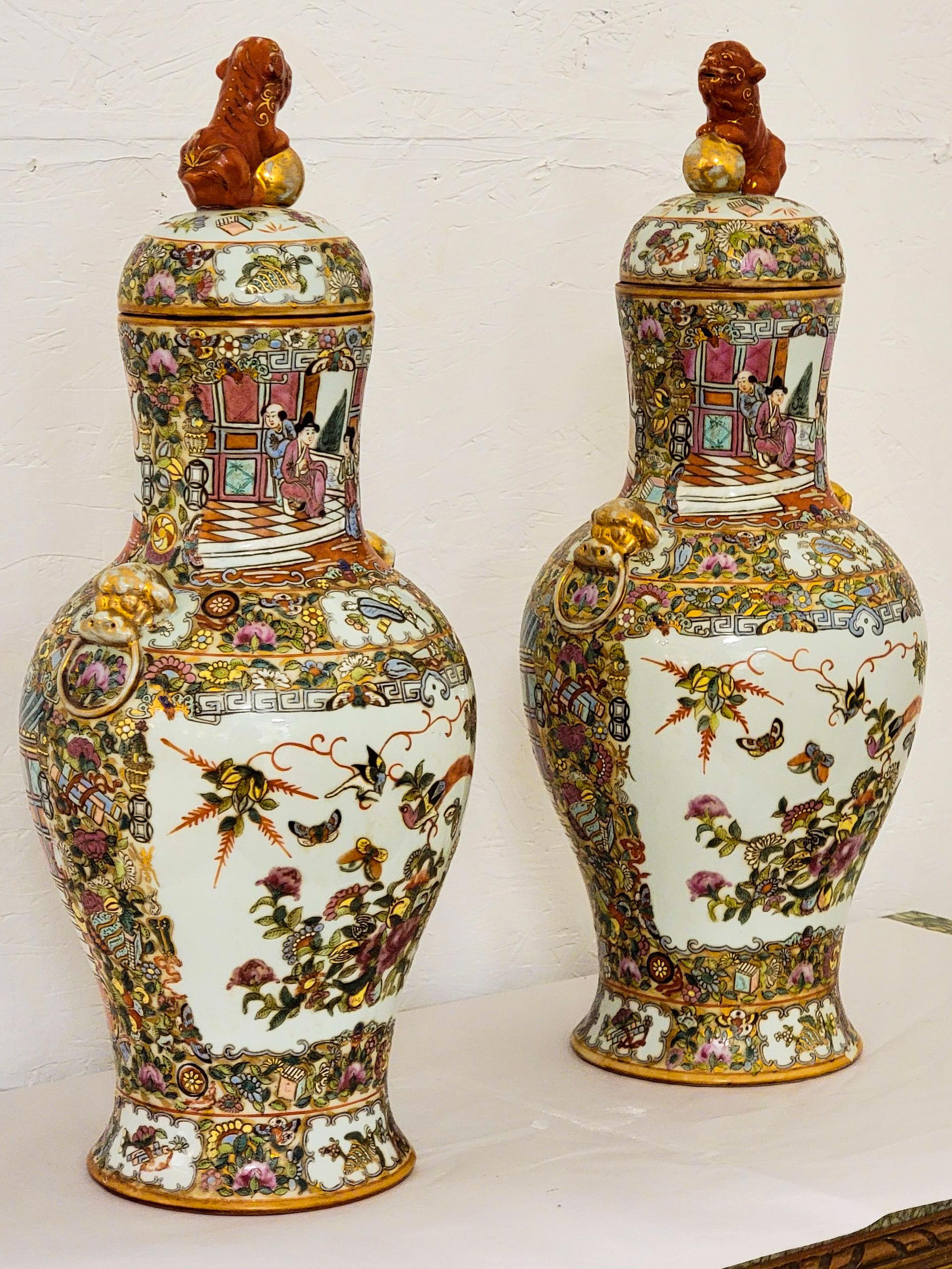 Gold Mid-Century Asian Rose Famille Style Ginger Jars with Gilt Accents and Foo Dogs
