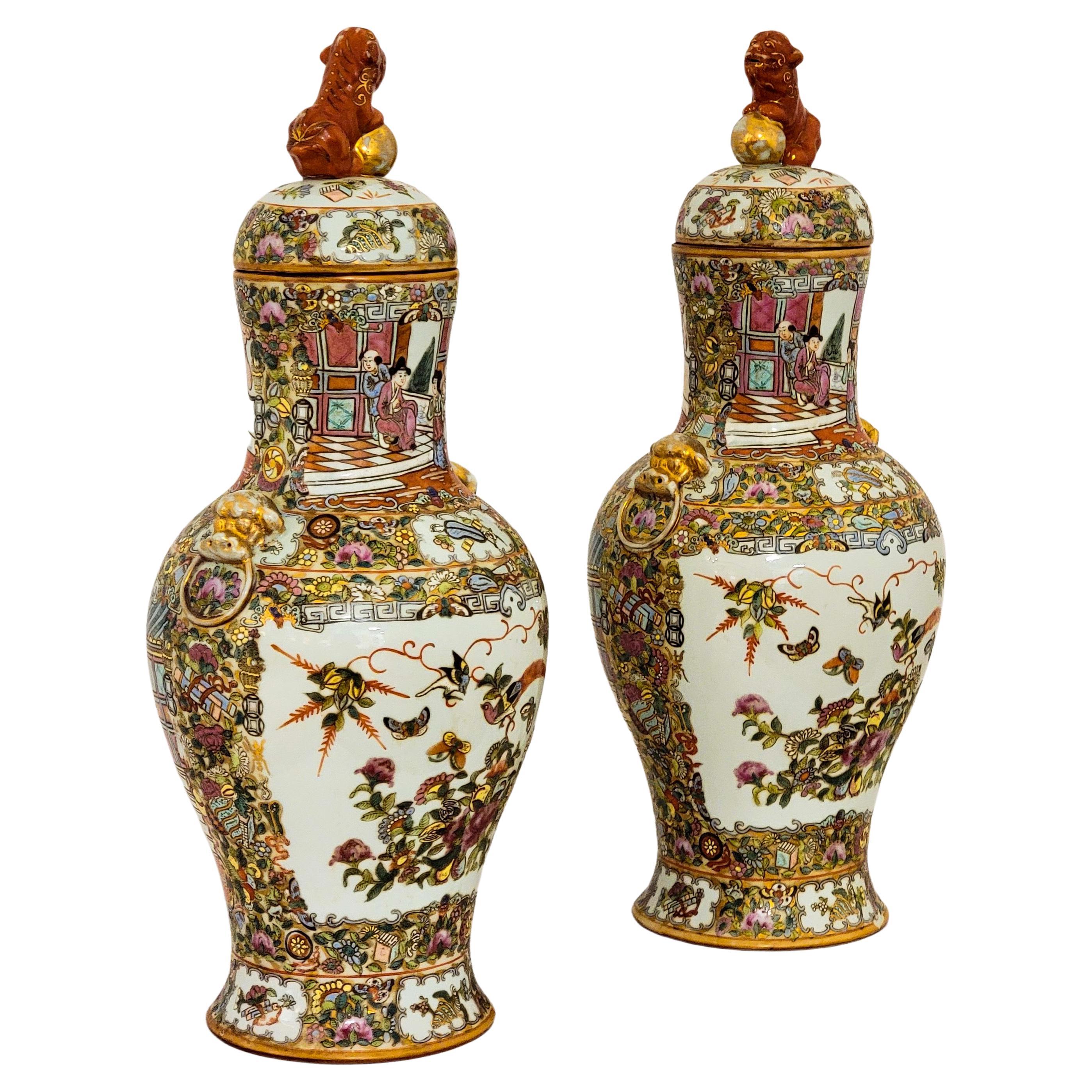 Mid-Century Asian Rose Famille Style Ginger Jars with Gilt Accents and Foo Dogs