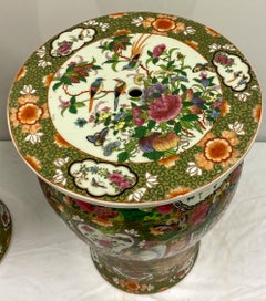 Midcentury Asian Rose Medallion Ceramic Garden Seats, a Pair