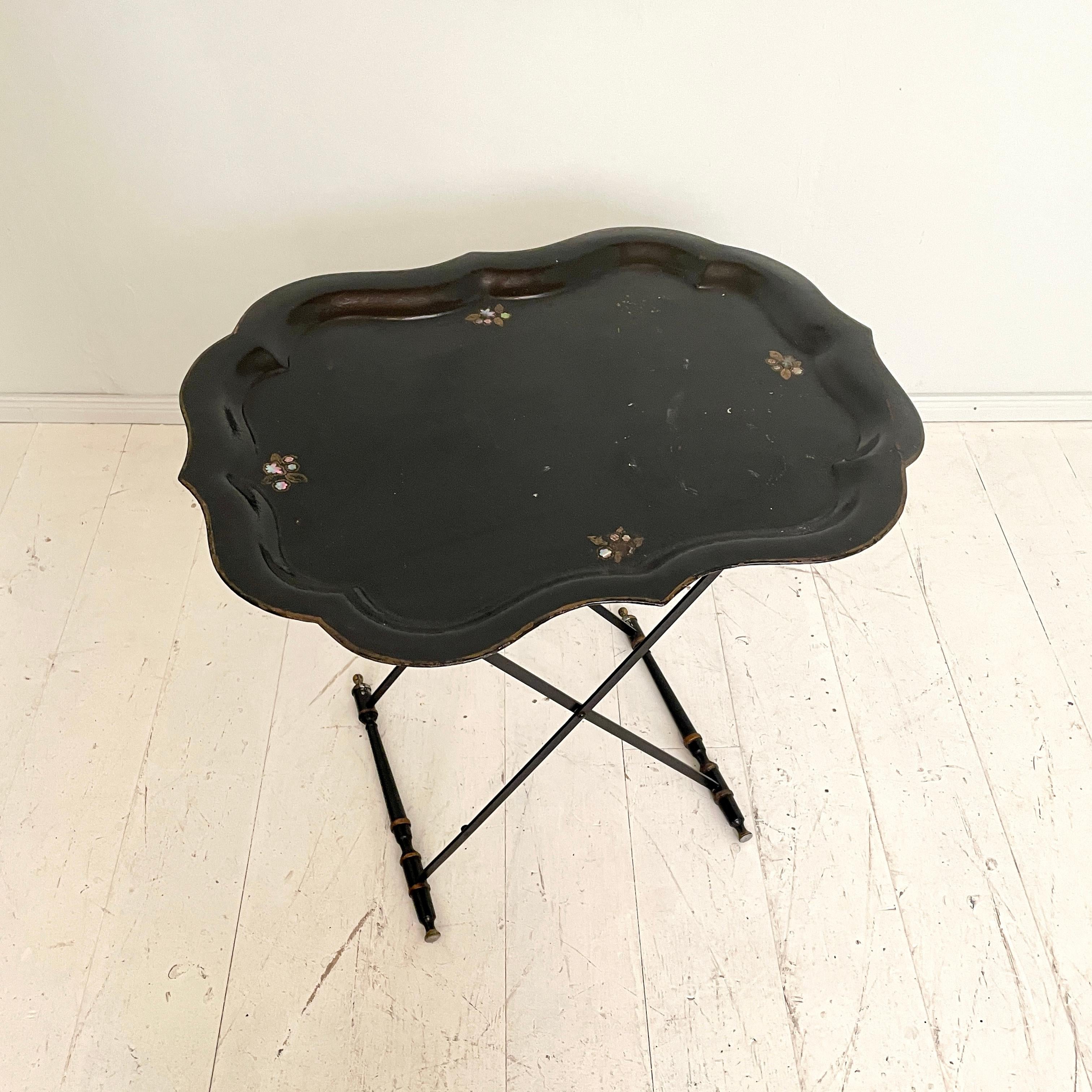 Mid Century Asian Style Black Metal Tray Table or Serving Table, Around 1960 3
