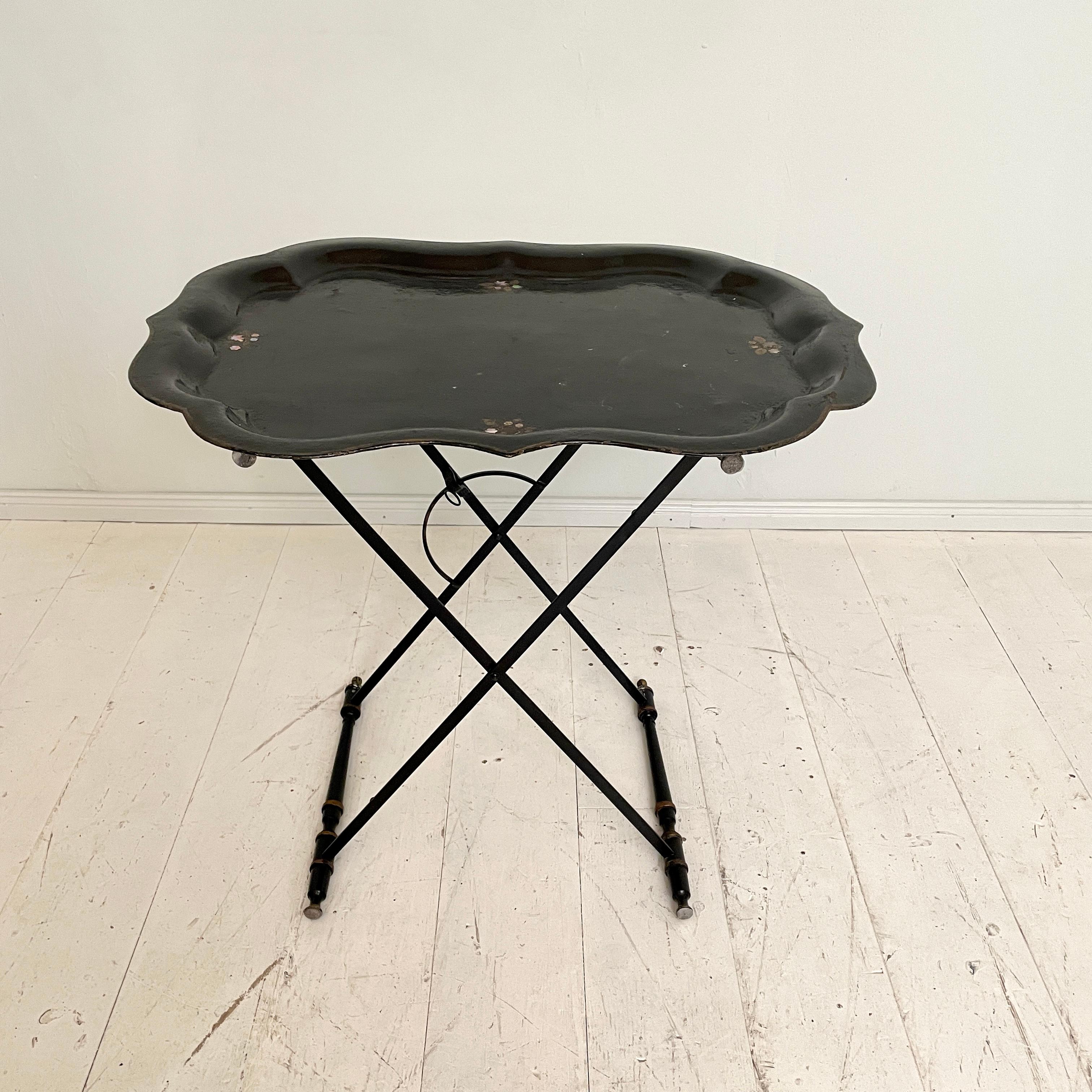 Mid Century Asian Style Black Metal Tray Table or Serving Table, Around 1960 2