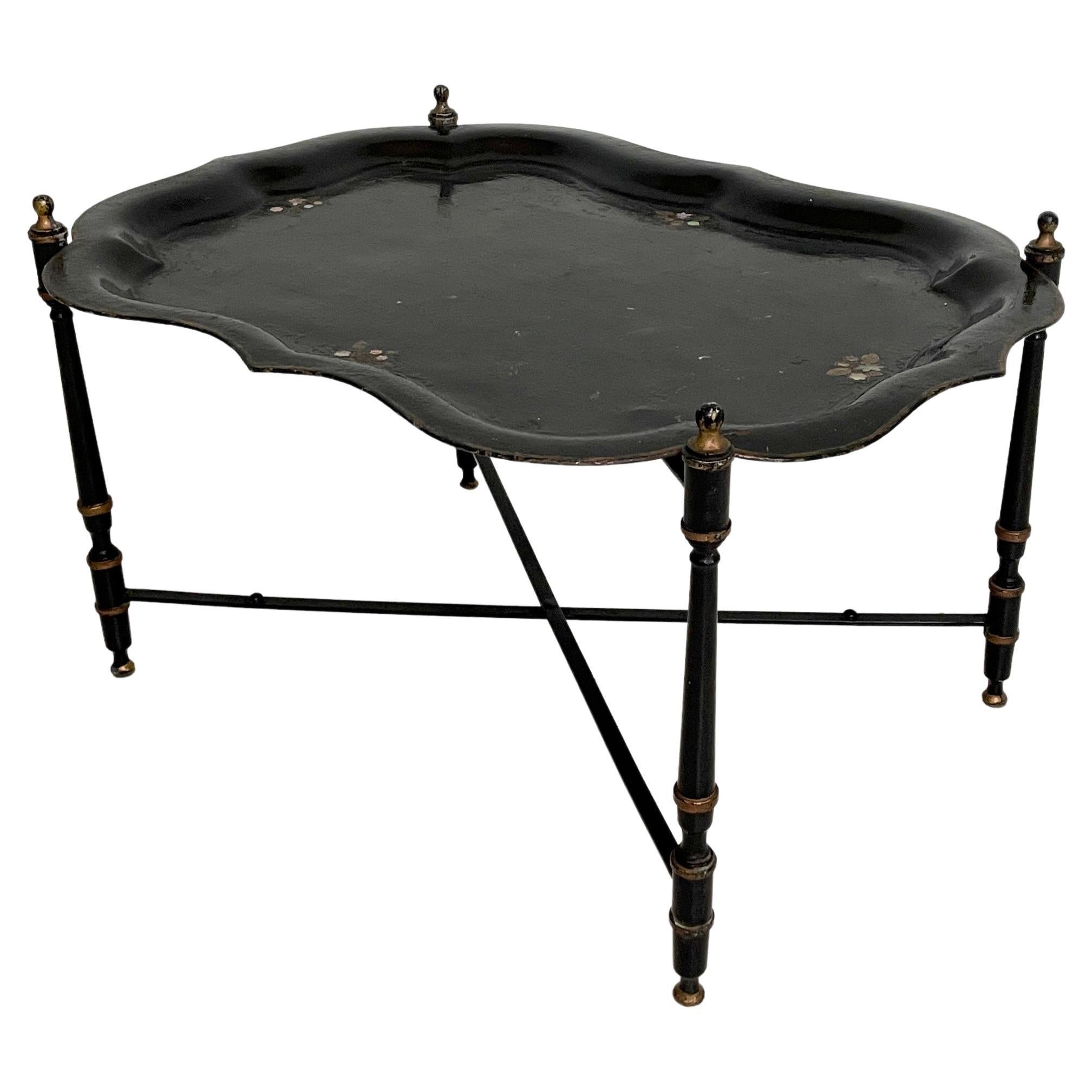 Mid Century Asian Style Black Metal Tray Table or Serving Table, Around 1960