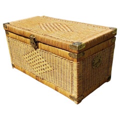 Midcentury Asian Style Brass Mounted Wicker Blanket Chest Storage Trunk